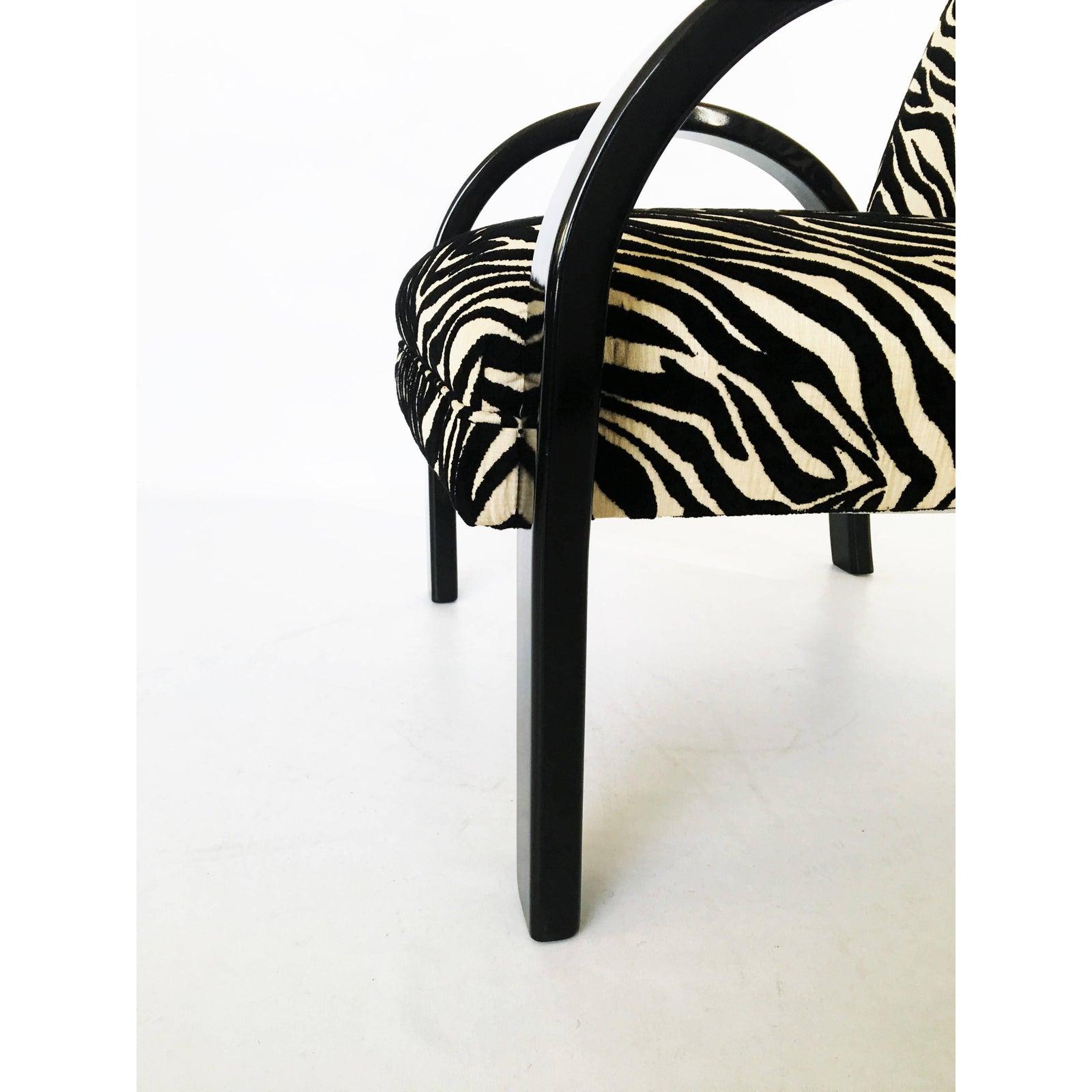 Upholstery 1940s Pair Art Deco Black Lacquered & Zebra Print Lounge Chairs For Sale