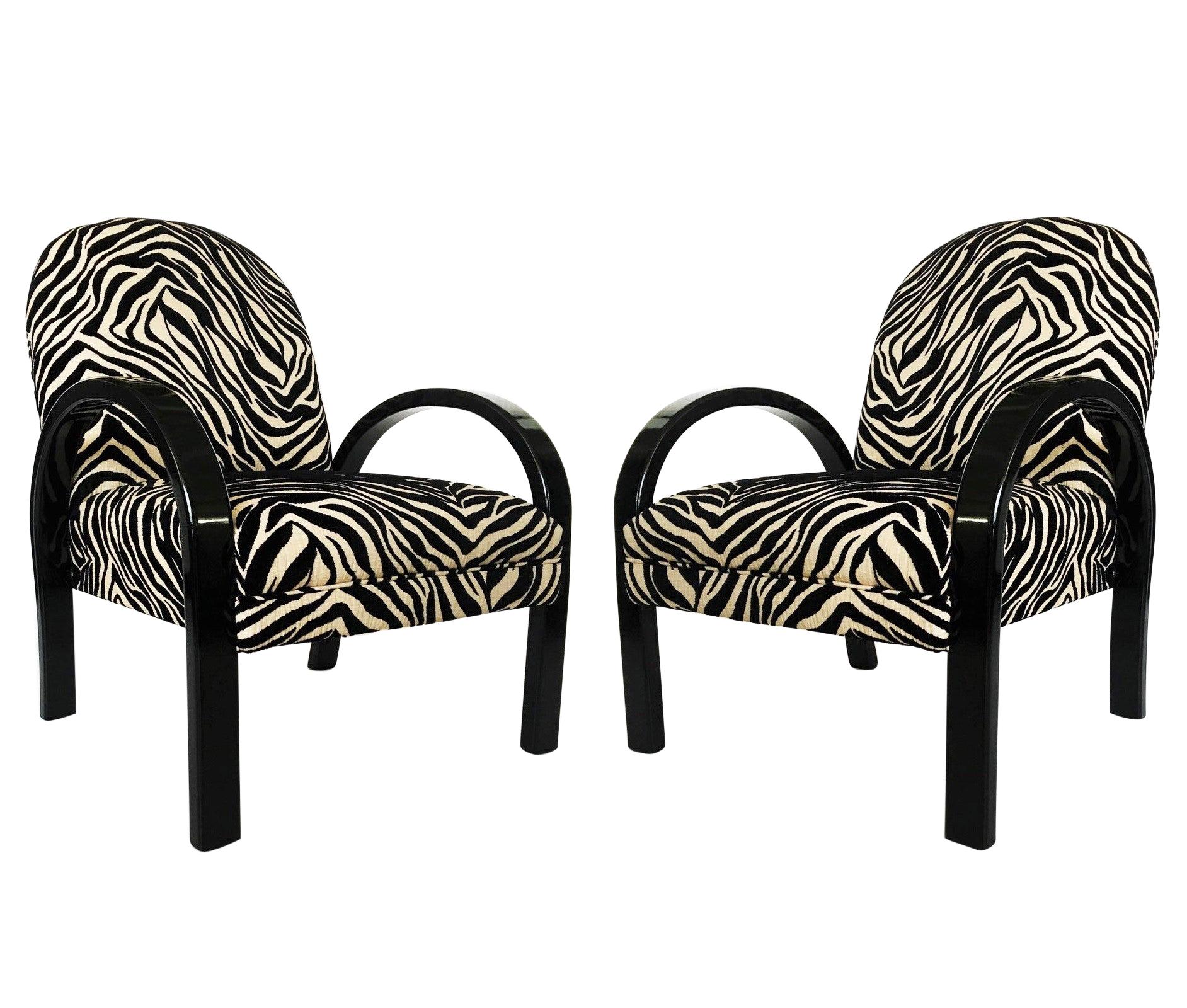 1940s Pair Art Deco Black Lacquered & Zebra Print Lounge Chairs