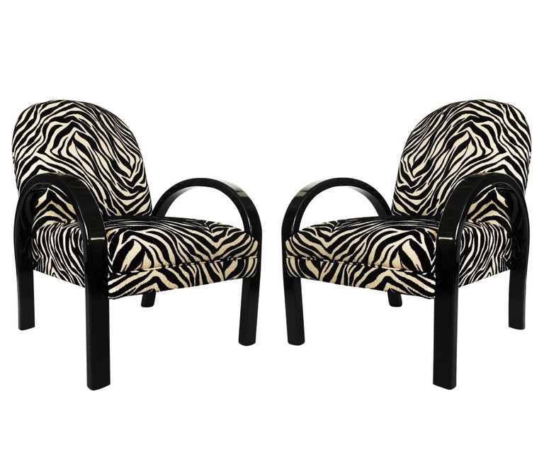 1940s Pair Art Deco Black Lacquered And Zebra Print Lounge Chairs