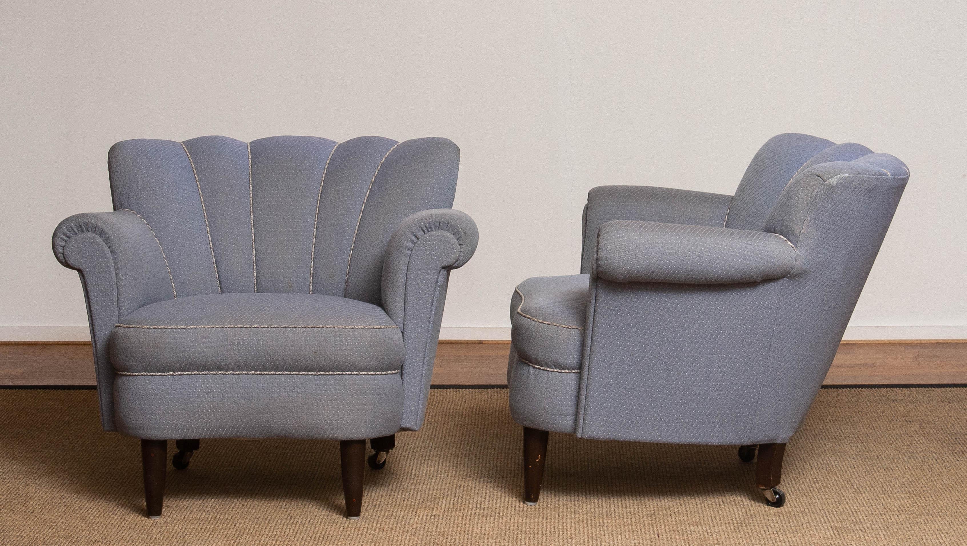 Hollywood Regency 1940s Pair Carl-Johan Boman Attributed Shell Back Chairs for Re-Upholstery