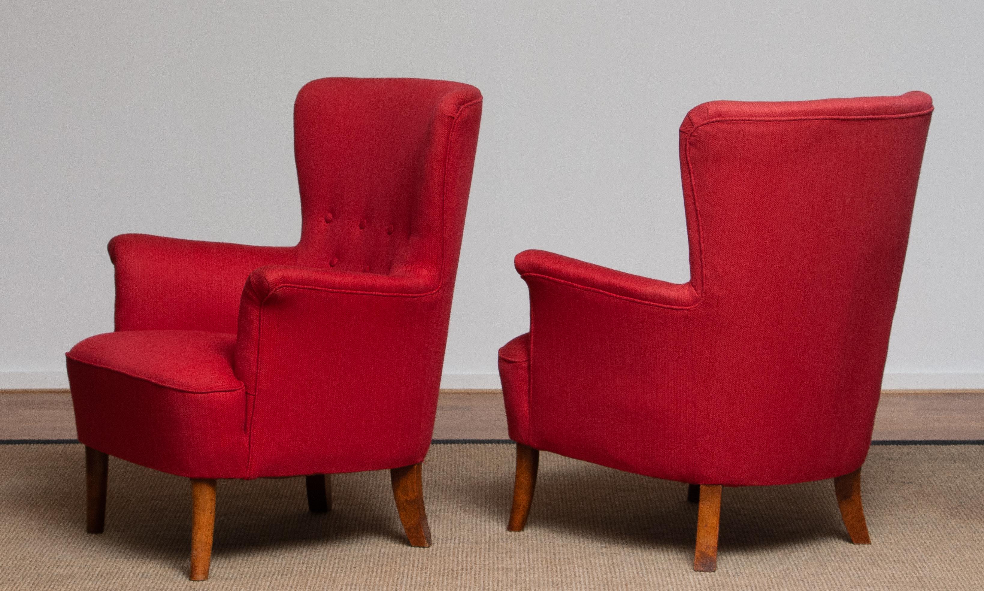 Mid-20th Century 1940s, Pair of Fuchsia Easy / Lounge Chair by Carl Malmsten for Oh Sjogren