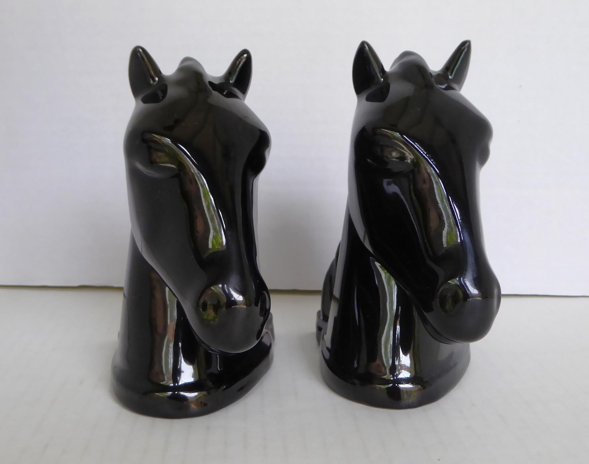 American 1940s Pair Modern Pottery Black Horse Head Bookends Abingdon Pottery For Sale