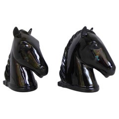 1940s Pair Modern Pottery Black Horse Head Bookends Abingdon Pottery