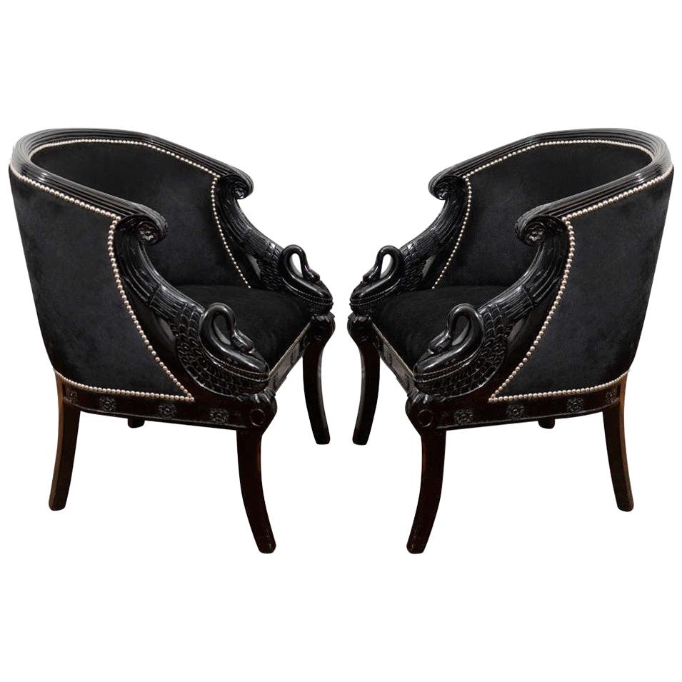 1940s Pair Neoclassical Lacquered Carved Swan Side Chairs