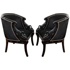 Vintage 1940s Pair Neoclassical Lacquered Carved Swan Side Chairs