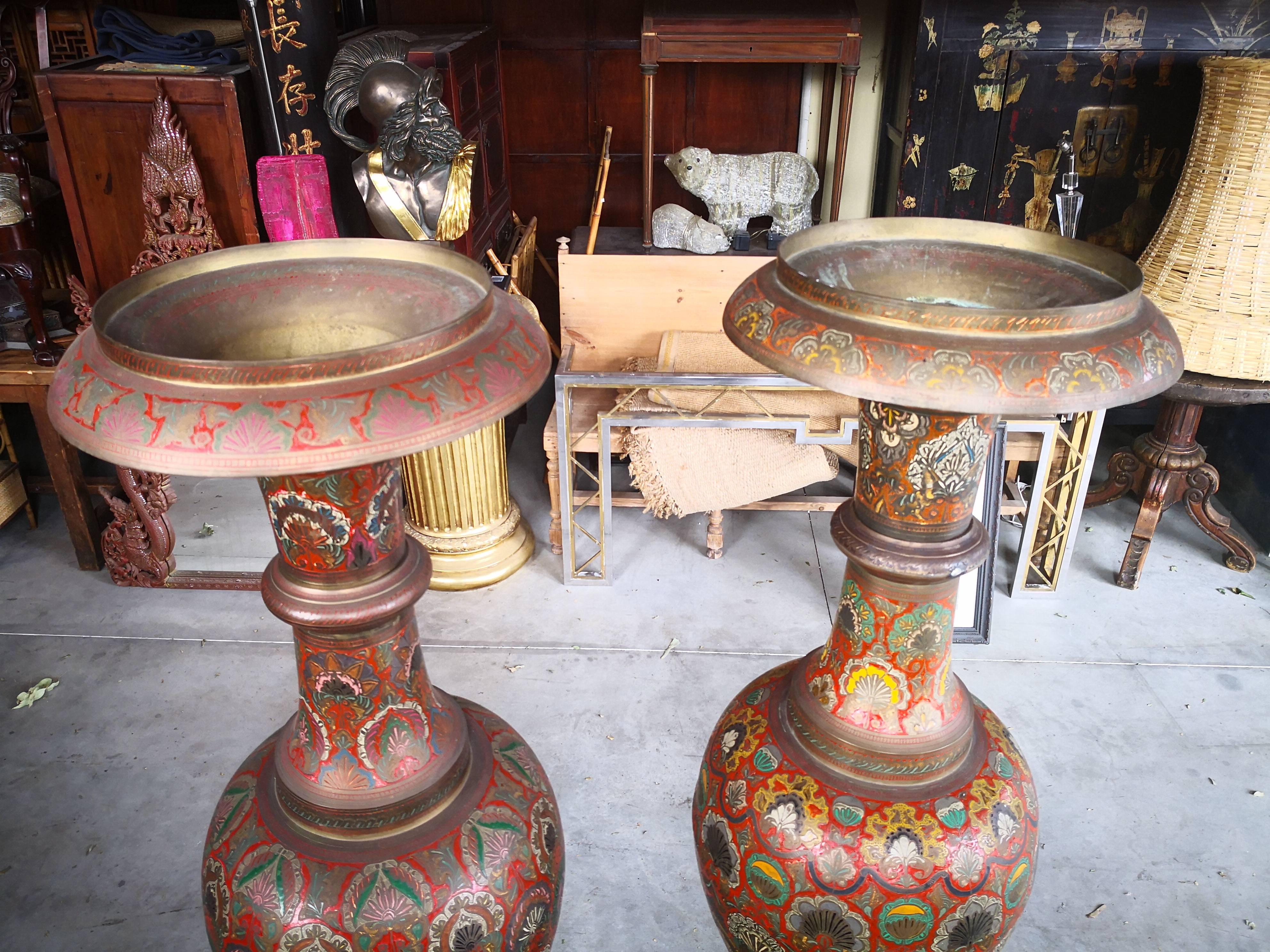 20th Century 1940s Pair of Bronze Polychrome Enameled Vases For Sale