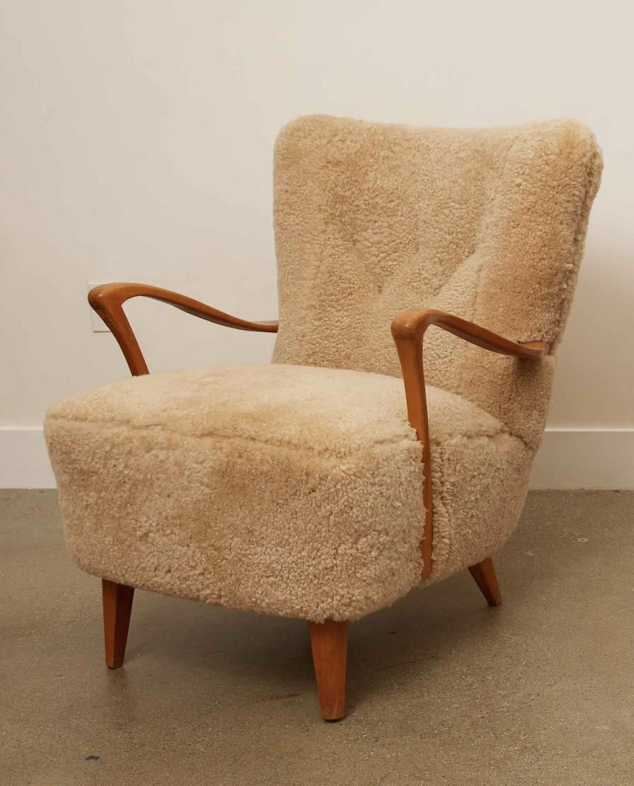 Wood 1940s  Pair of Cabinet Maker Swedish Shearling Lounge Chairs