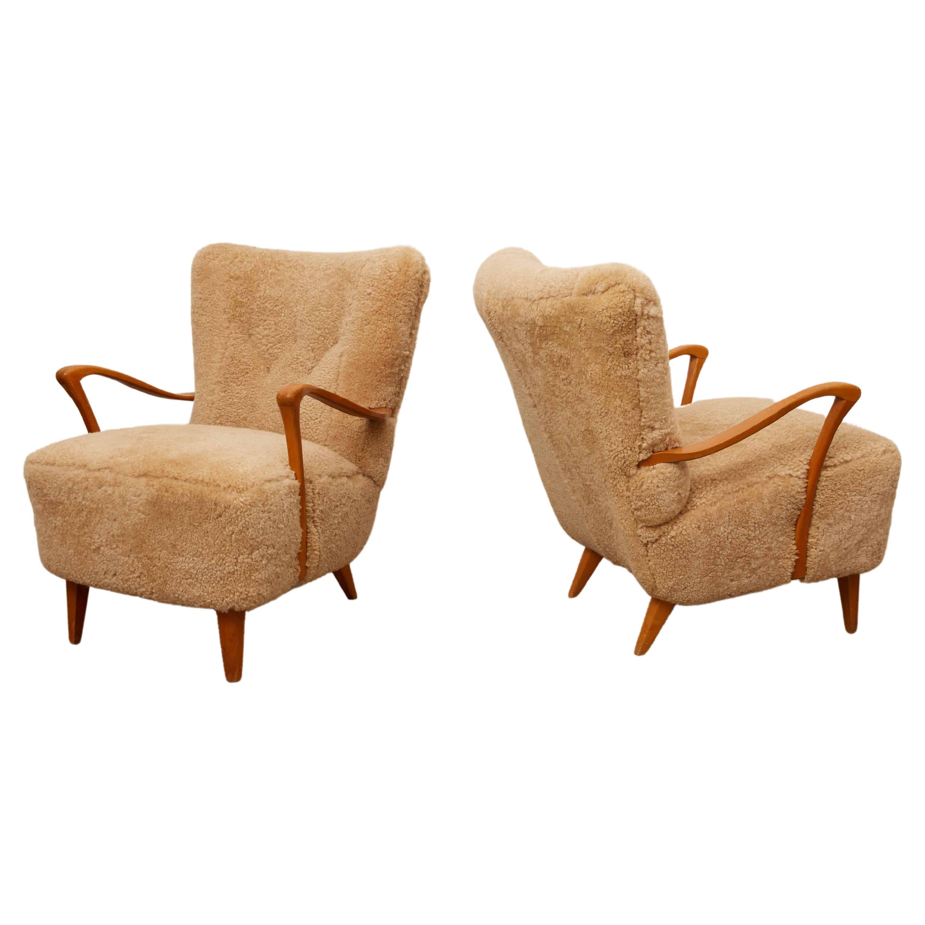 1940s  Pair of Cabinet Maker Swedish Shearling Lounge Chairs For Sale