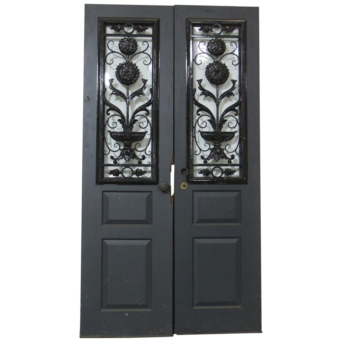 1940s Pair of Doors with Beveled Glass and New Wrought Iron Window Guards