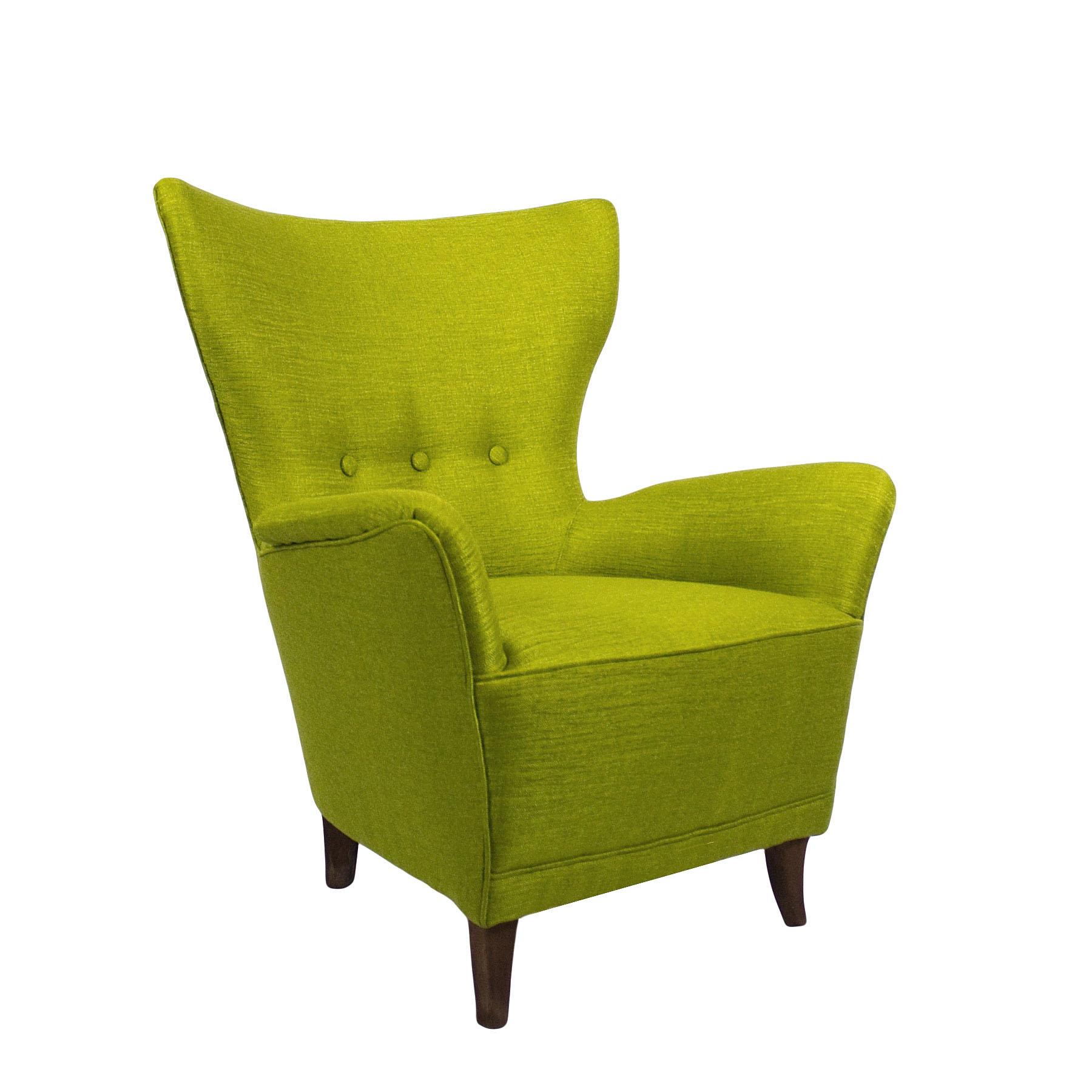 Italian Pair of Mid-Century Modern Flared Back Armchairs in Anise Green Fabric - Italy