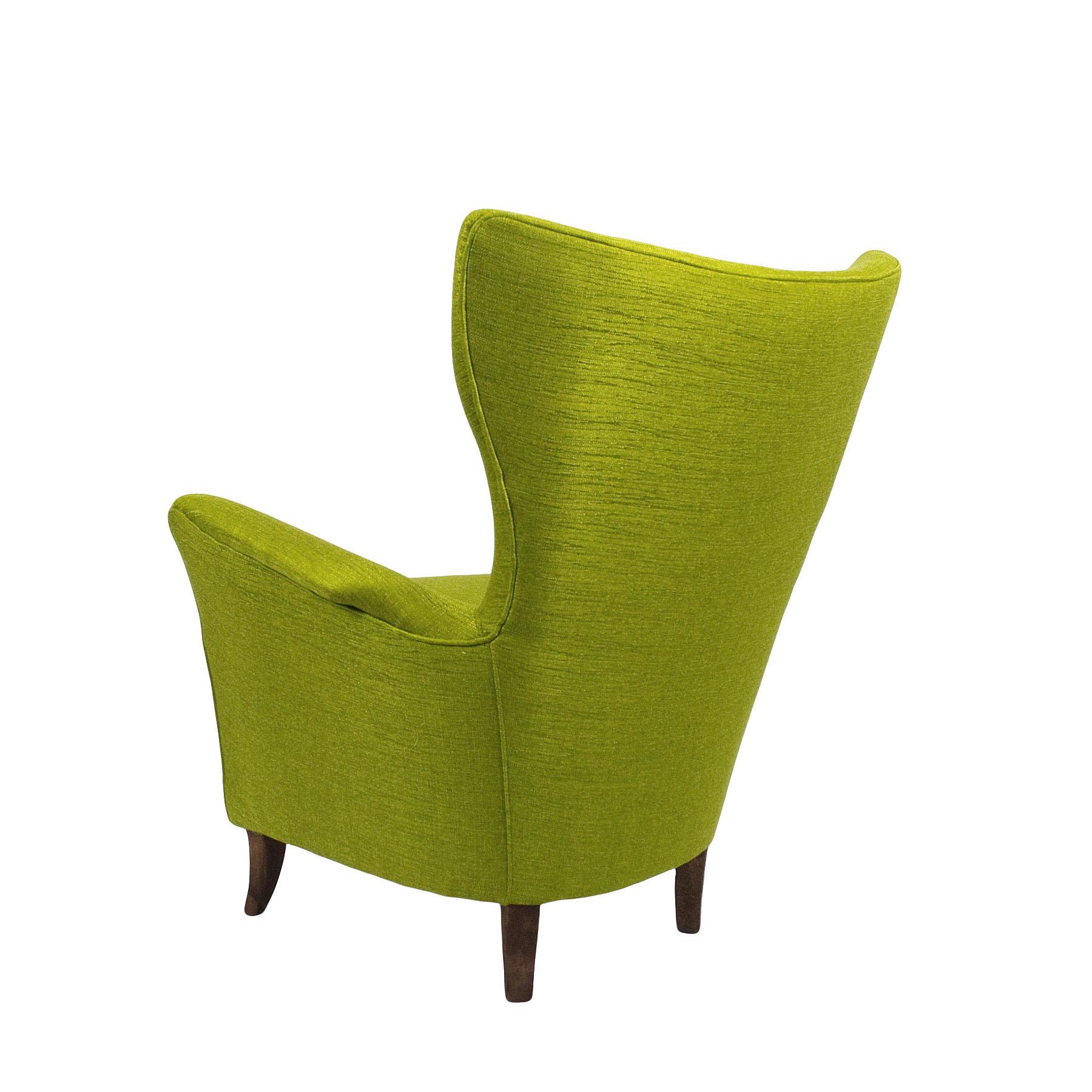 Mid-20th Century Pair of Mid-Century Modern Flared Back Armchairs in Anise Green Fabric - Italy