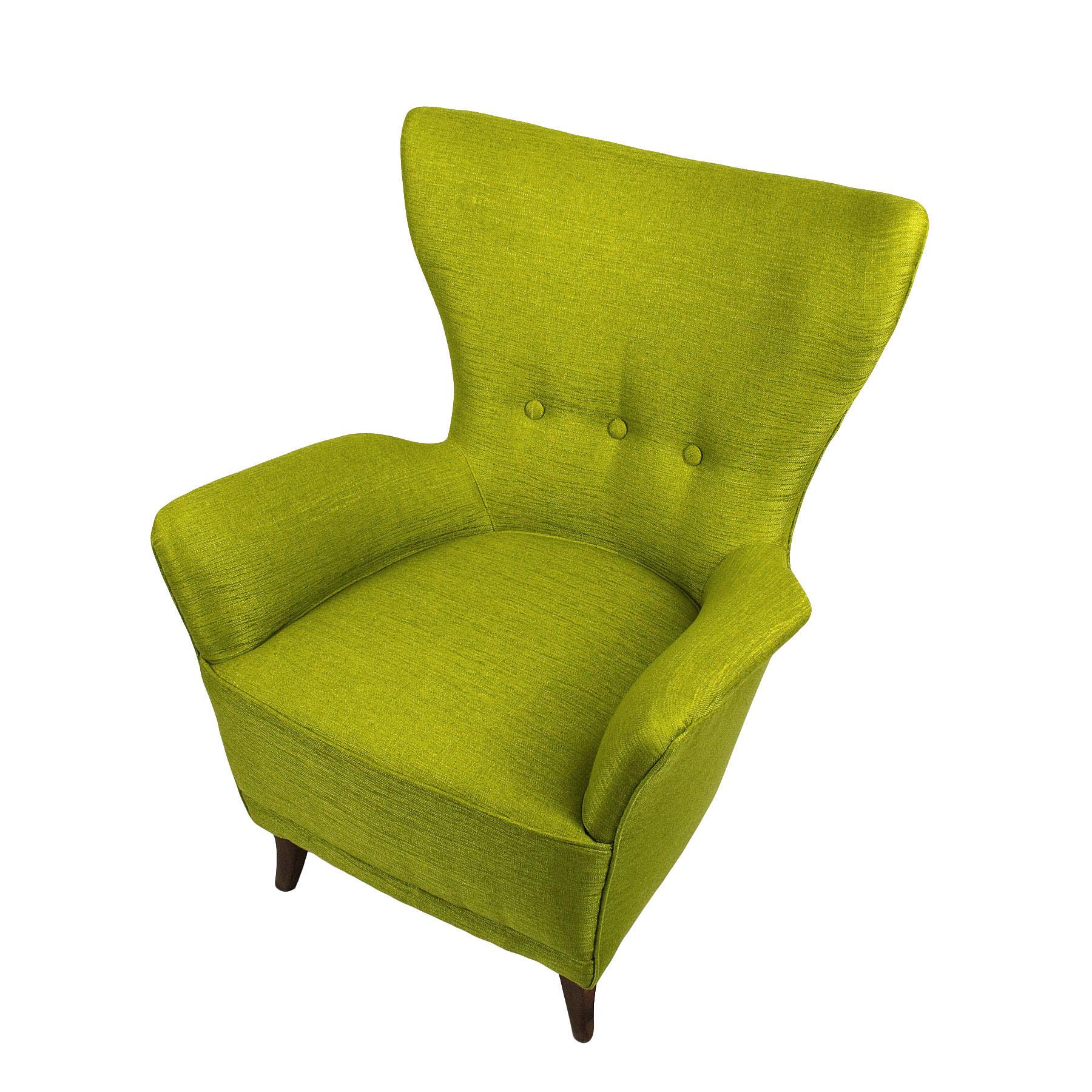 Polyester Pair of Mid-Century Modern Flared Back Armchairs in Anise Green Fabric - Italy