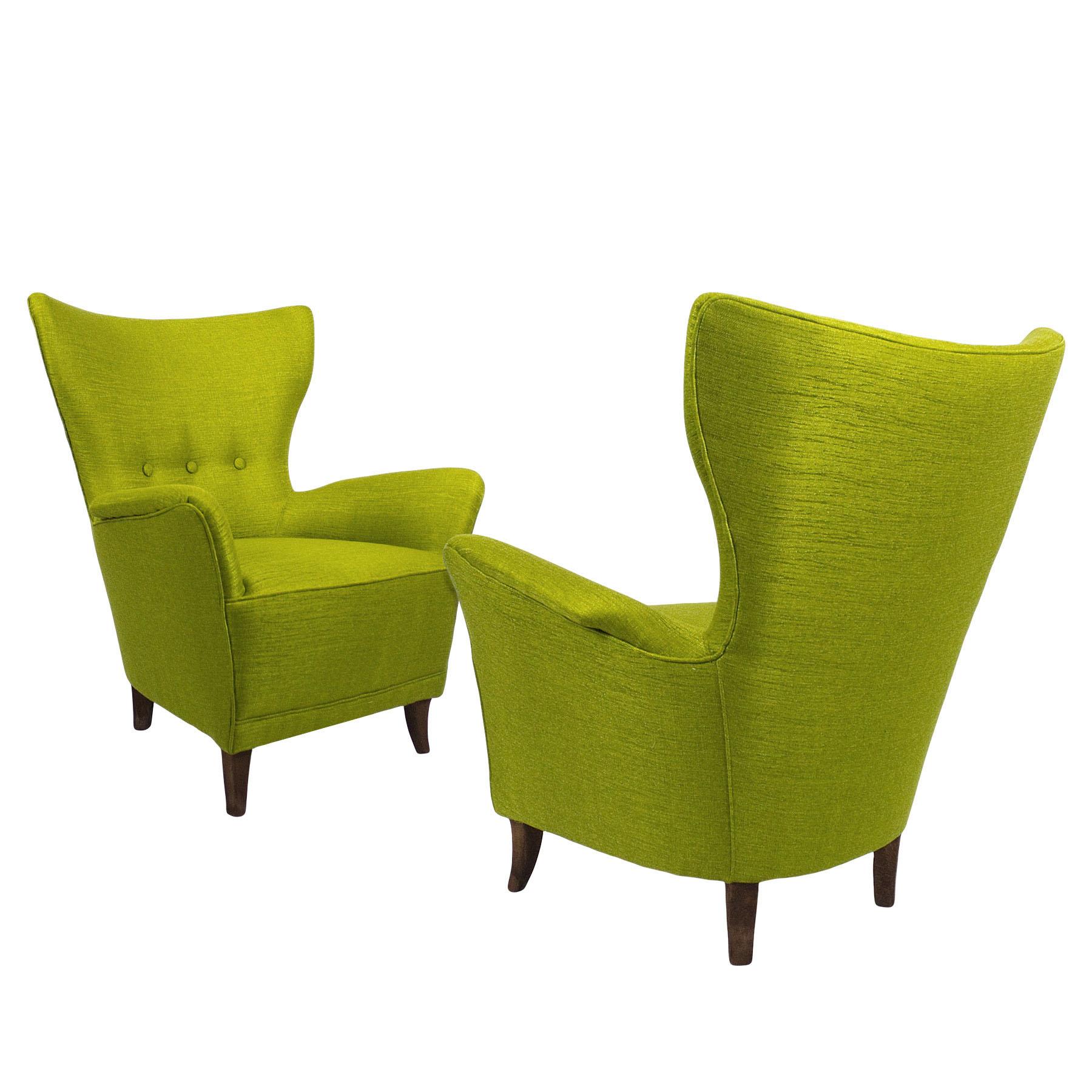 1940s Pair of Flared Back Armchairs, Wood, Anise Green Fabric, Italy