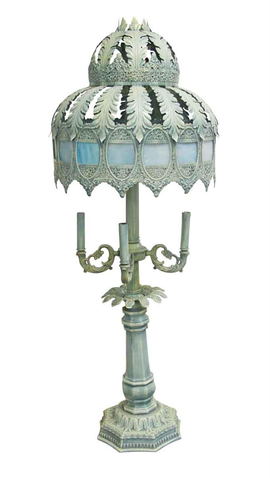American 1940s Pair of French Blue Table Lamps with Slag Glass