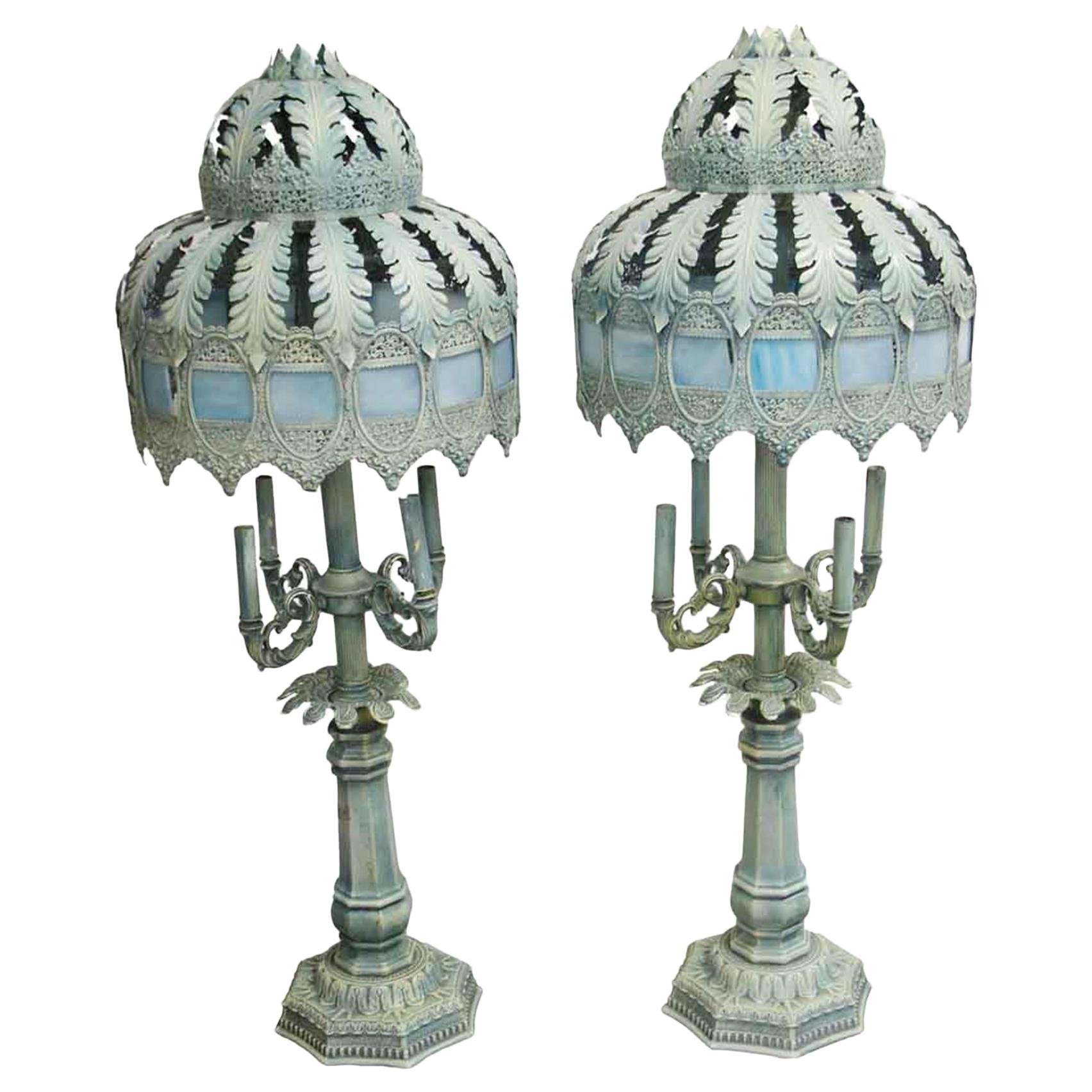 1940s Pair of French Blue Table Lamps with Slag Glass