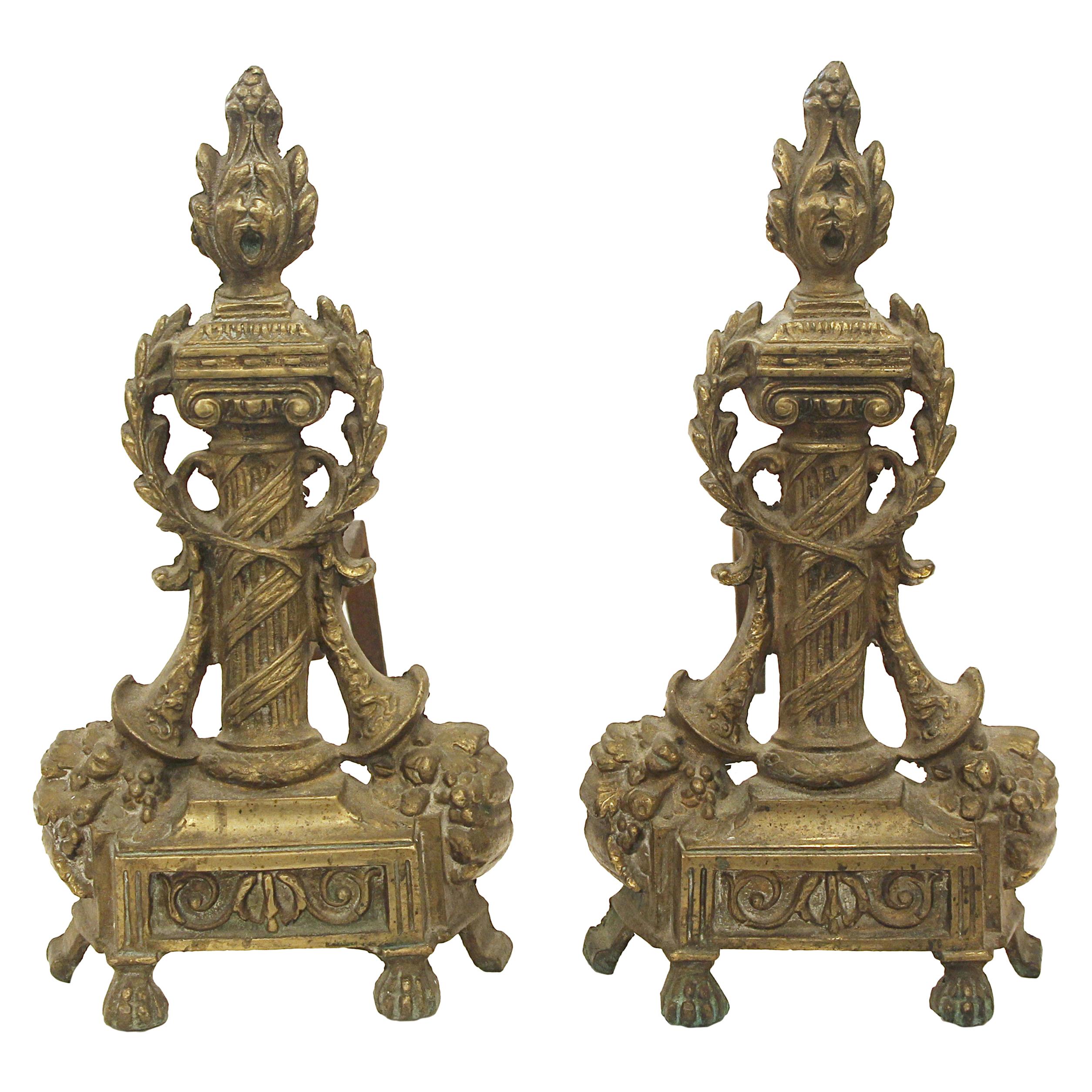 1940s Pair of French Bronze Torch Andirons with Iron Dog Legs