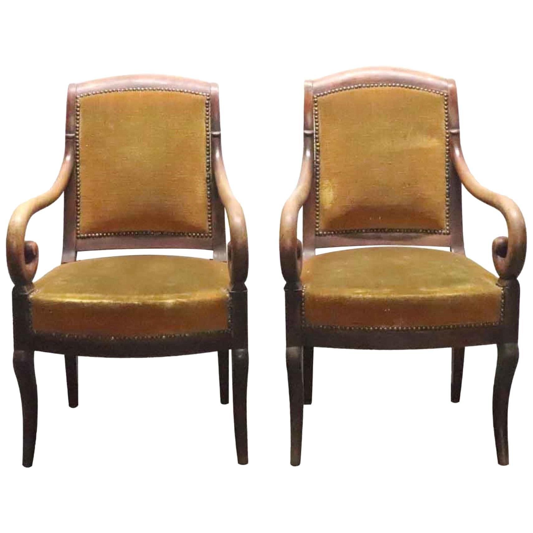 1940s Pair of French Empire Armchairs with Carved Wood Scrolling Arms