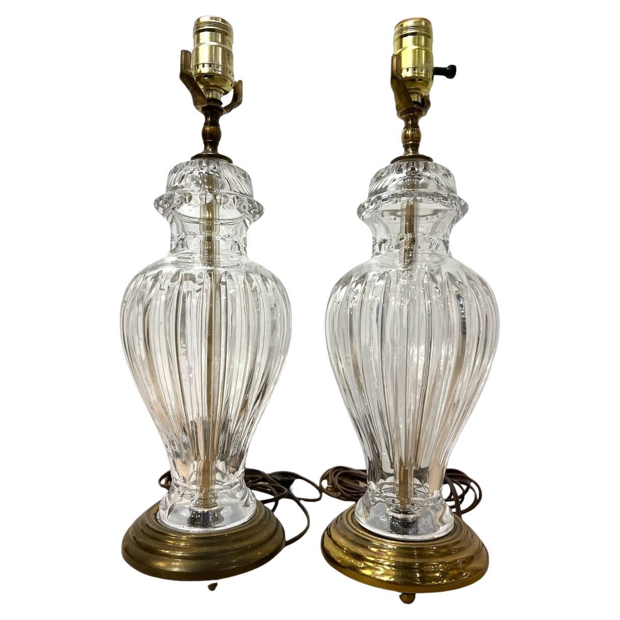 1940's Pair of French Small Cut Glass Crystal Table Lamps For Sale