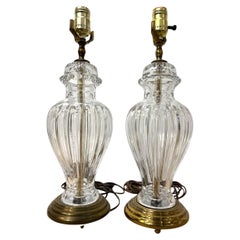 Vintage 1940's Pair of French Small Cut Glass Crystal Table Lamps