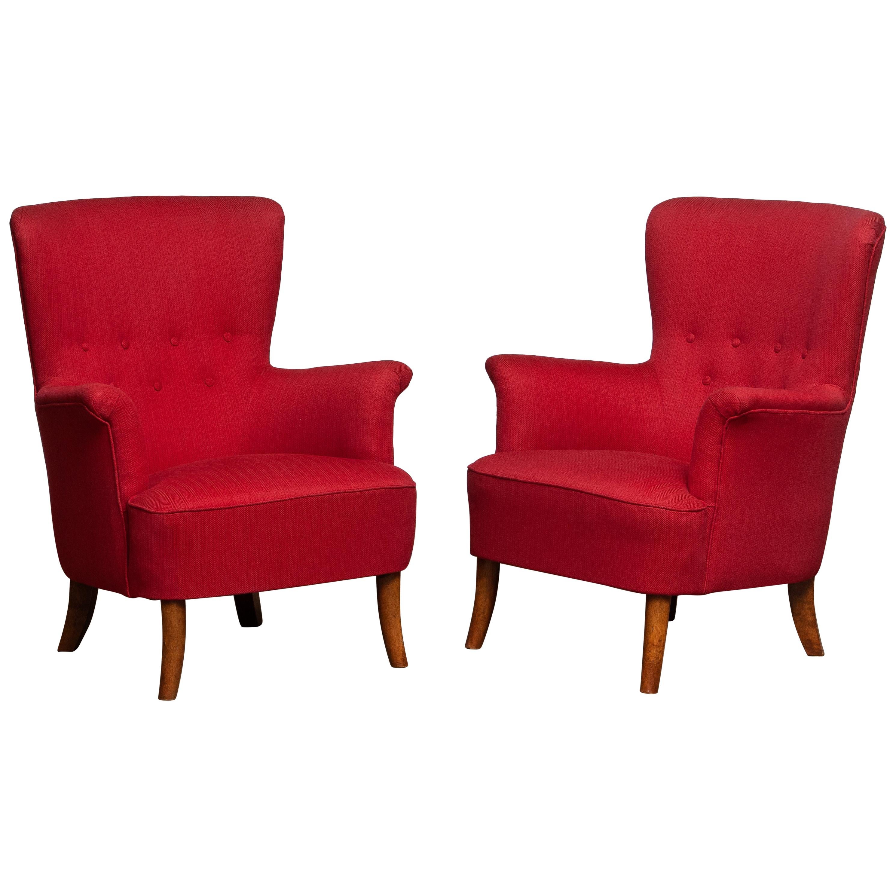 1940s, Pair of Fuchsia Easy / Lounge Chair by Carl Malmsten for Oh Sjogren