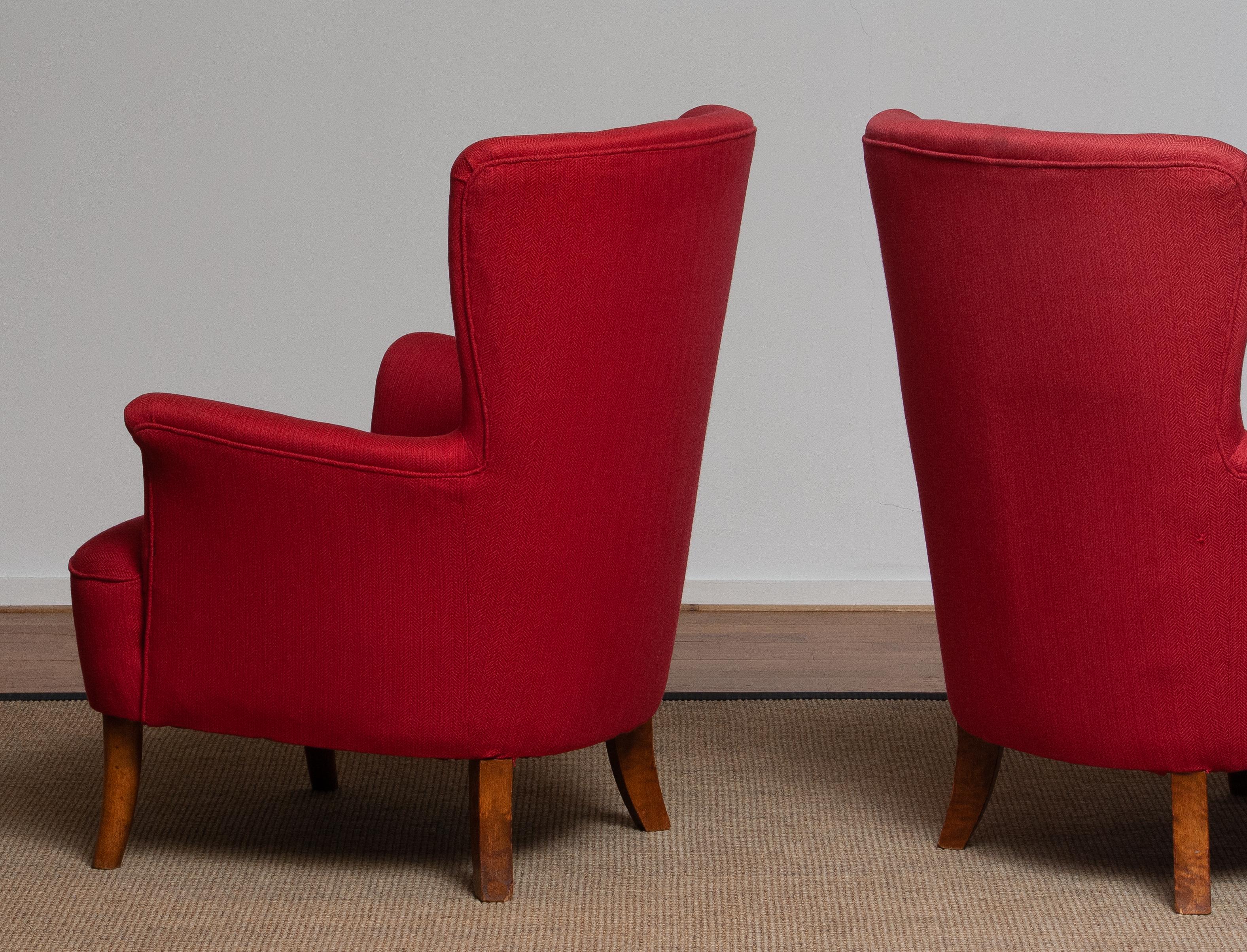 1940s, Pair of Fuchsia Easy or Lounge Chair by Carl Malmsten for OH Sjogren 4