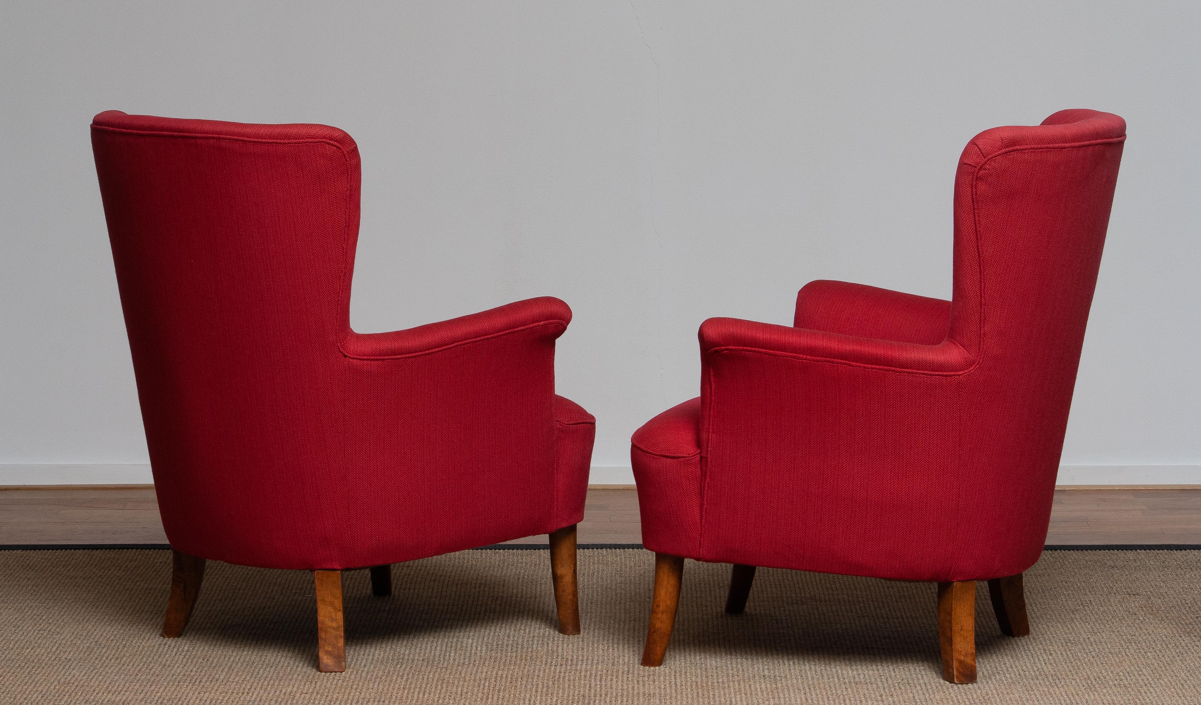 1940s, Pair of Fuchsia Easy or Lounge Chair by Carl Malmsten for OH Sjogren 5
