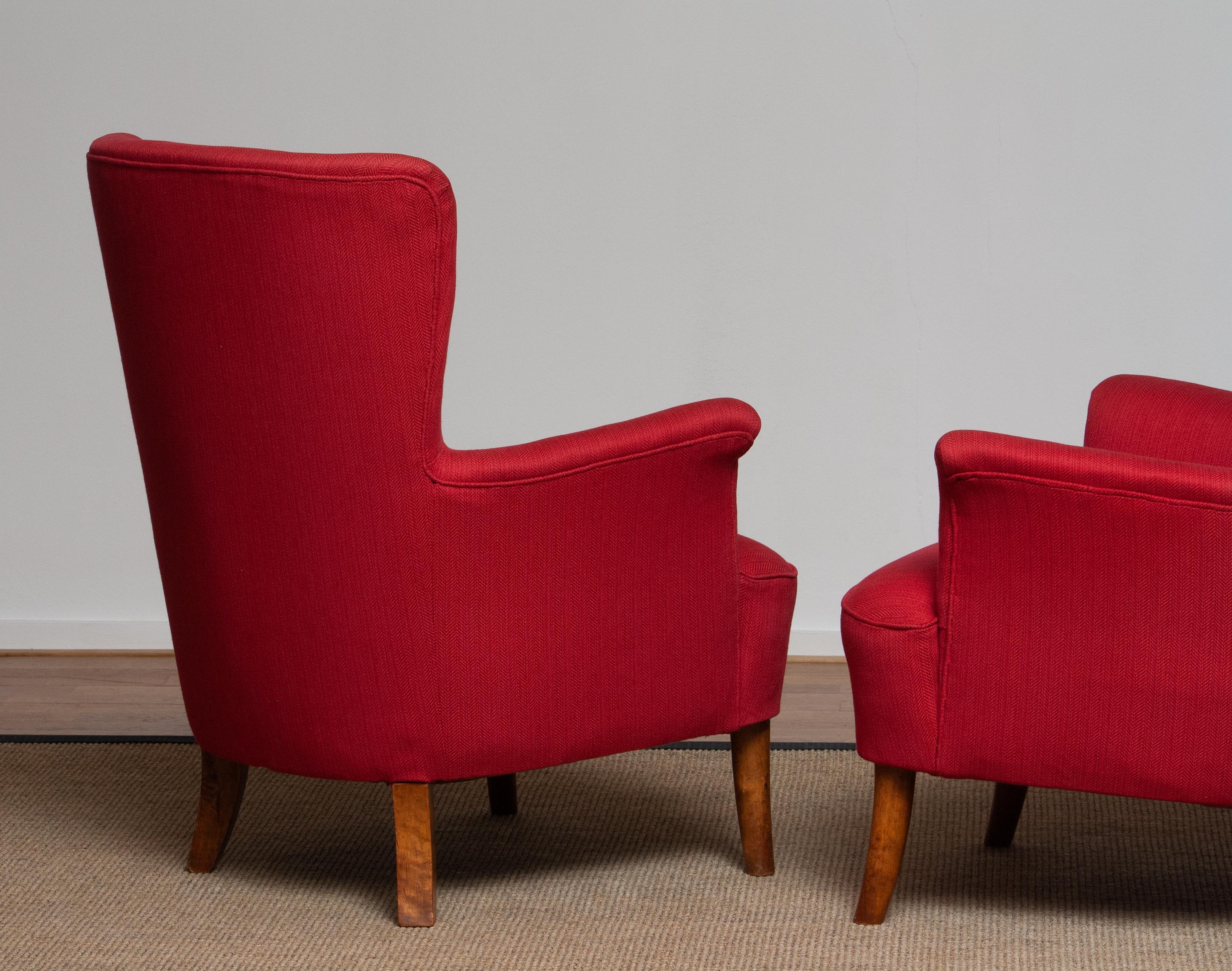 1940s, Pair of Fuchsia Easy or Lounge Chair by Carl Malmsten for OH Sjogren 7