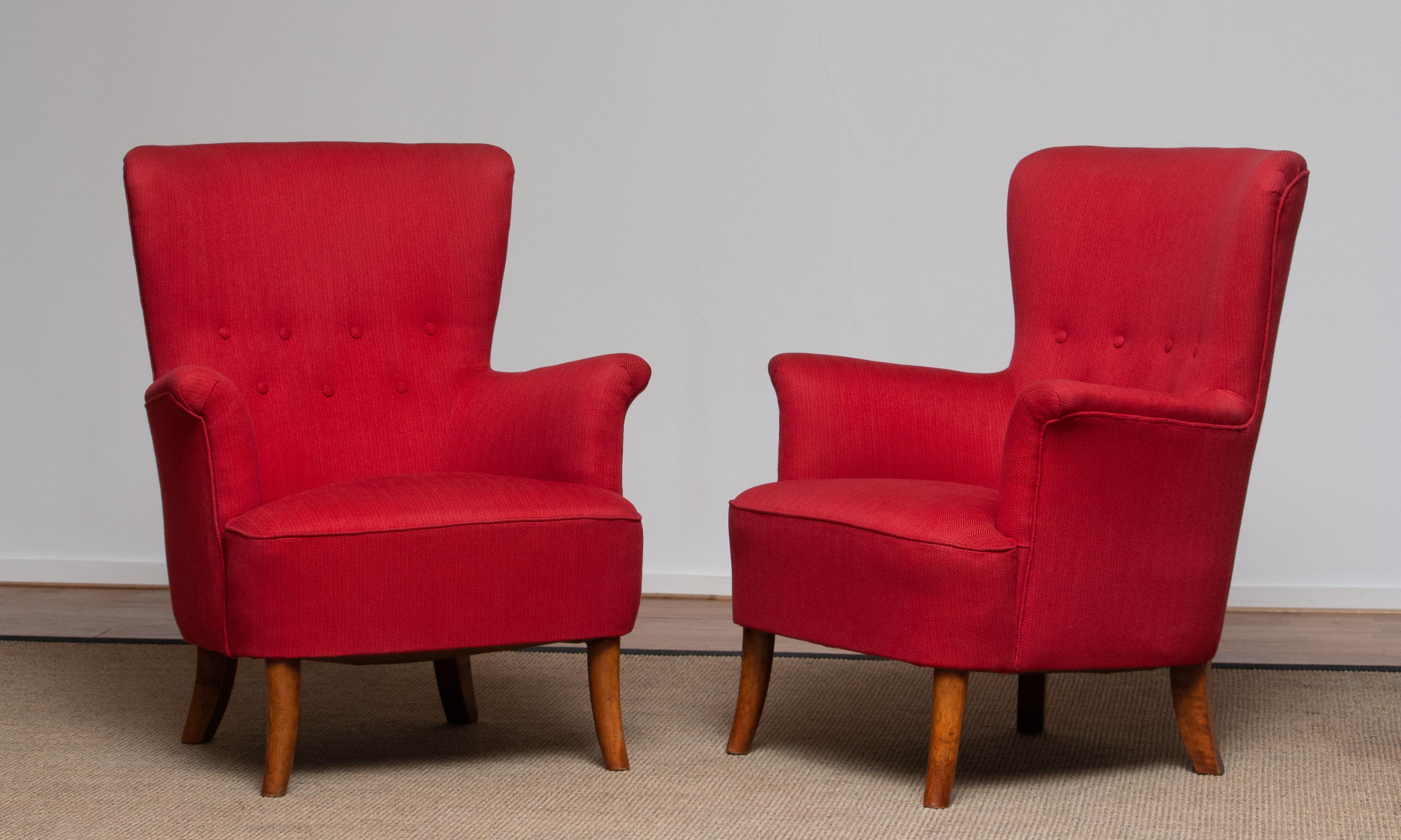 1940s, Pair of Fuchsia Easy or Lounge Chair by Carl Malmsten for OH Sjogren In Good Condition In Silvolde, Gelderland