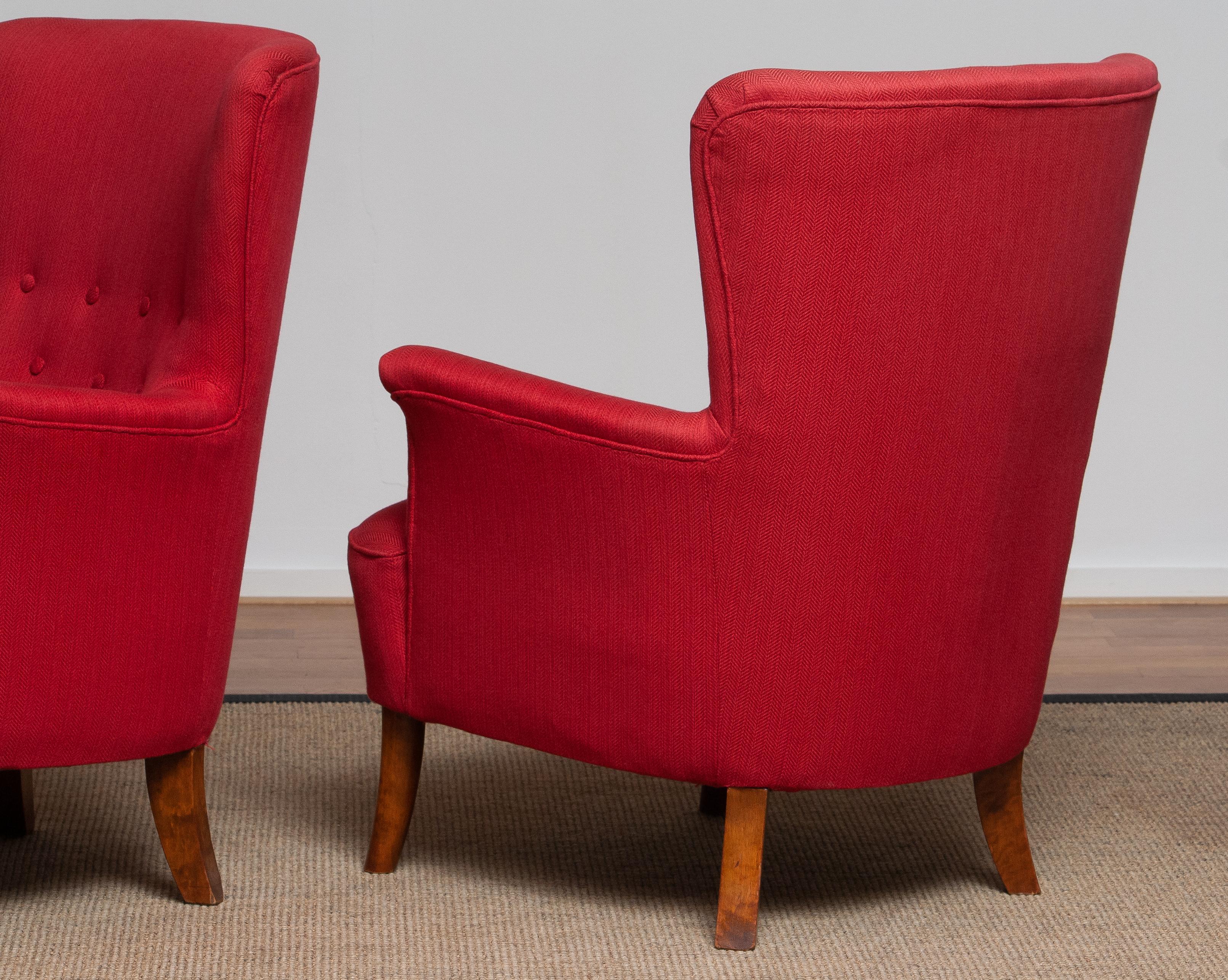 1940s, Pair of Fuchsia Easy or Lounge Chair by Carl Malmsten for OH Sjögren 1