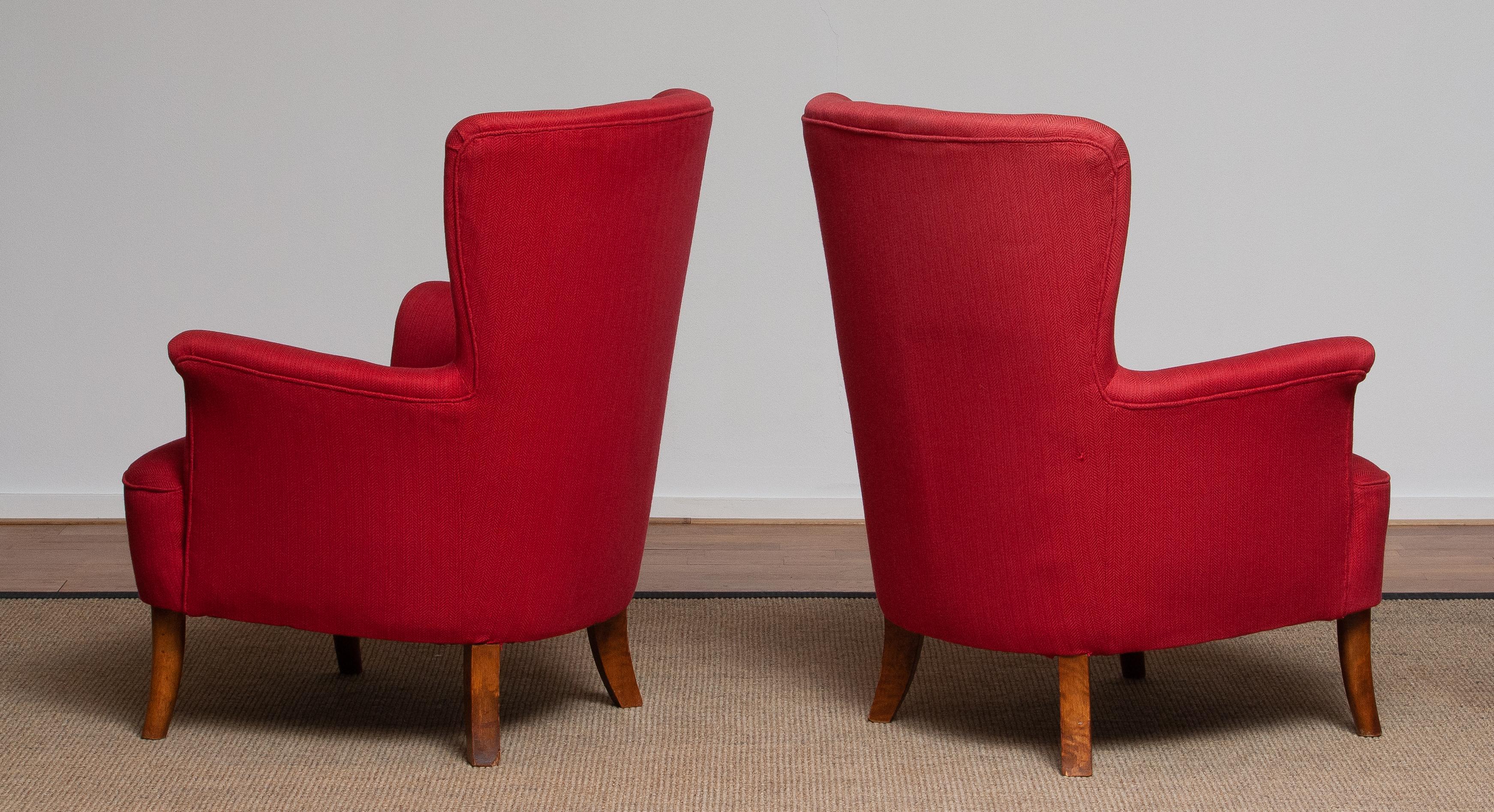 1940s, Pair of Fuchsia Easy or Lounge Chair by Carl Malmsten for OH Sjogren 2