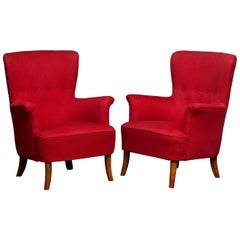 1940s, Pair of Fuchsia Easy or Lounge Chair by Carl Malmsten for OH Sjogren