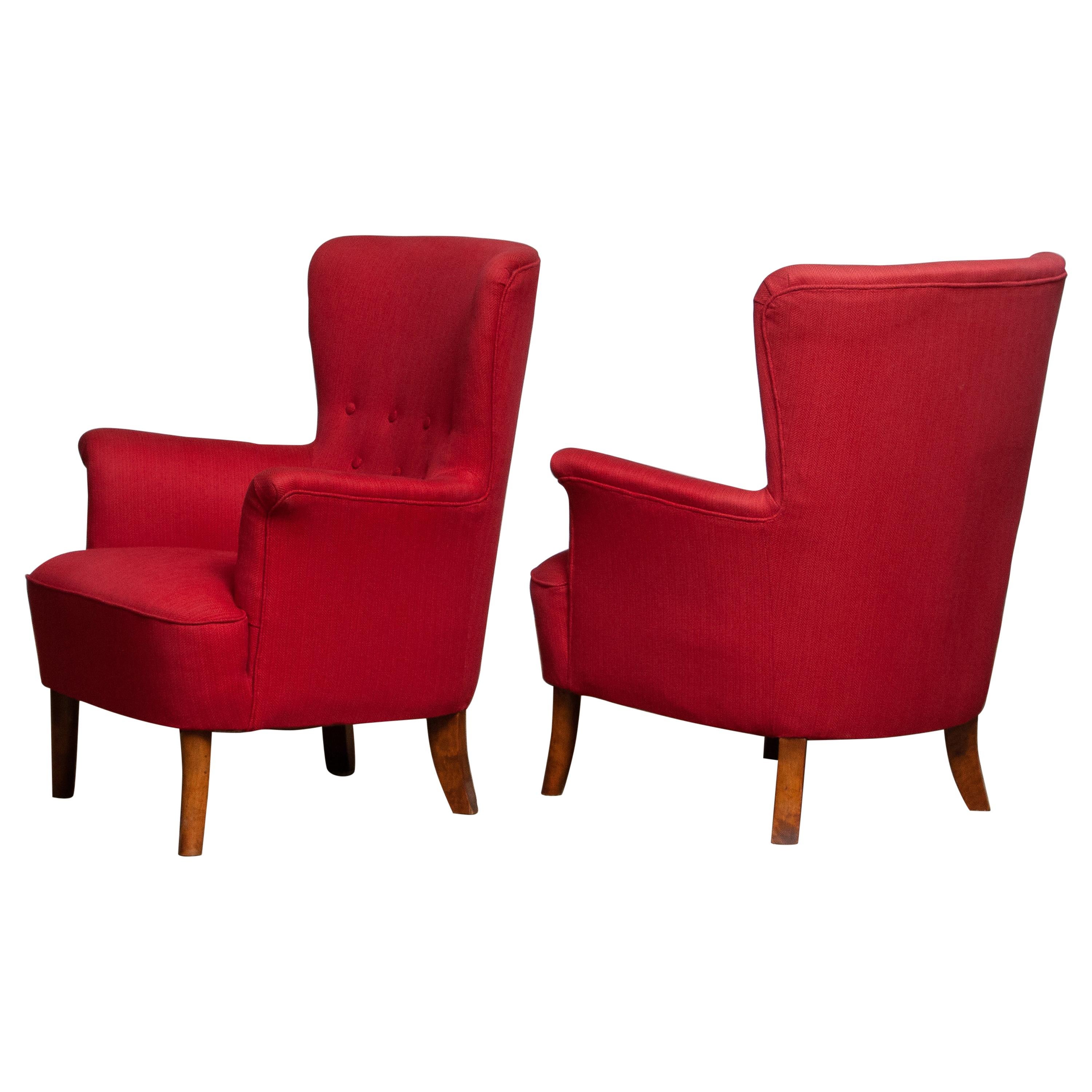 1940s, Pair of Fuchsia Easy or Lounge Chair by Carl Malmsten for Oh Sjögren