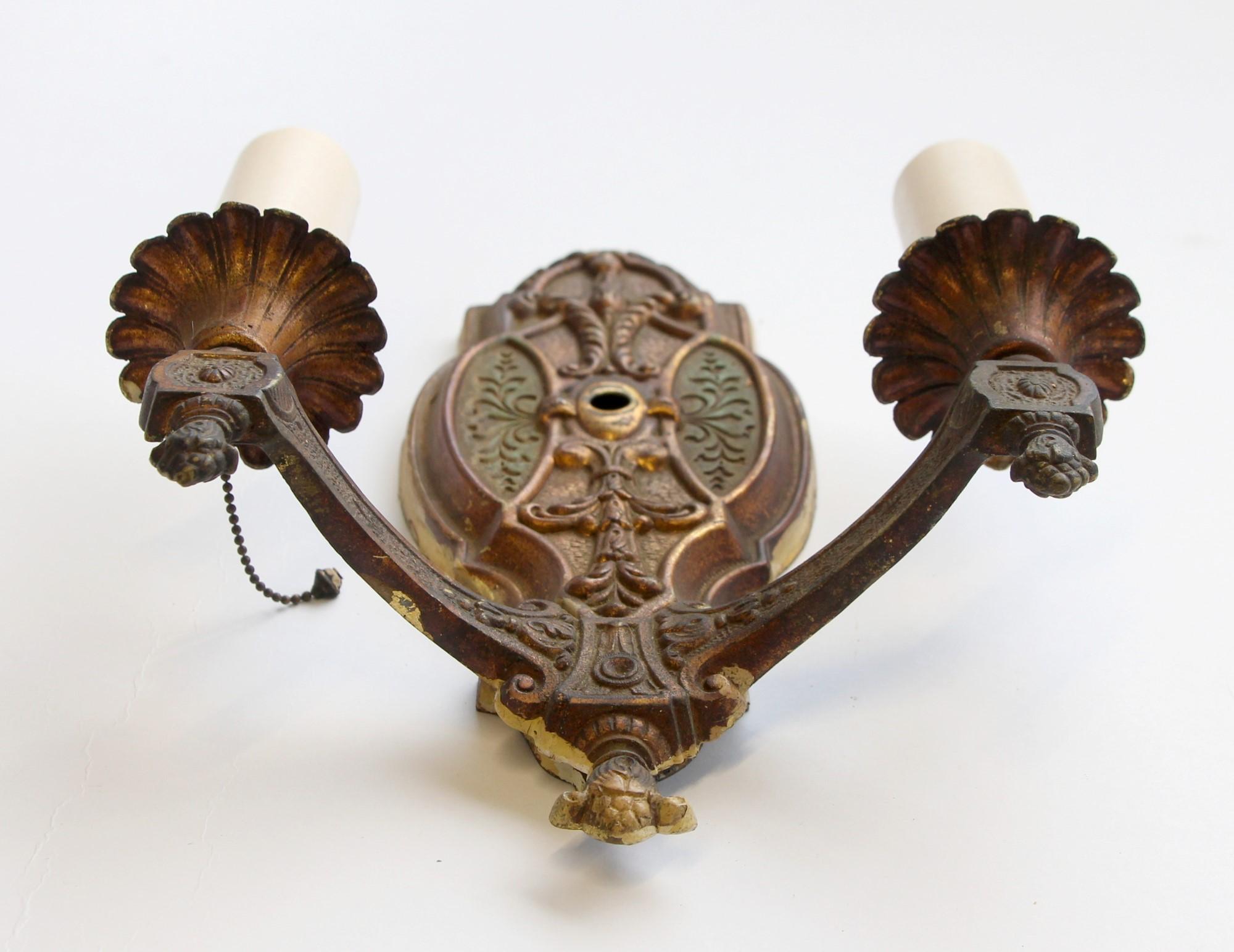 1940s Pair of Gothic Double Arm Sconces Done in a Gold Bronze Finish 1