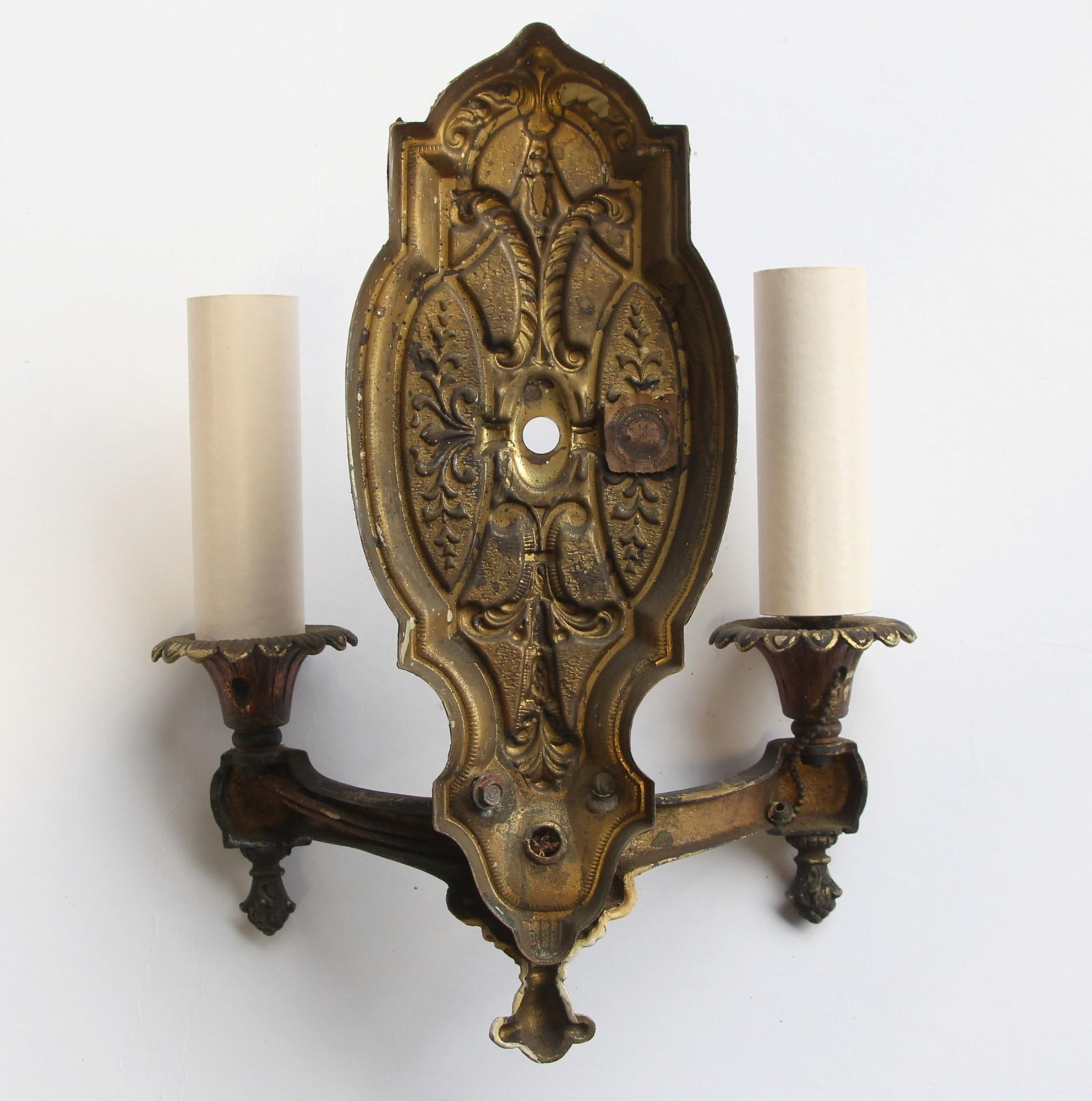 1940s Pair of Gothic Double Arm Sconces Done in a Gold Bronze Finish 3
