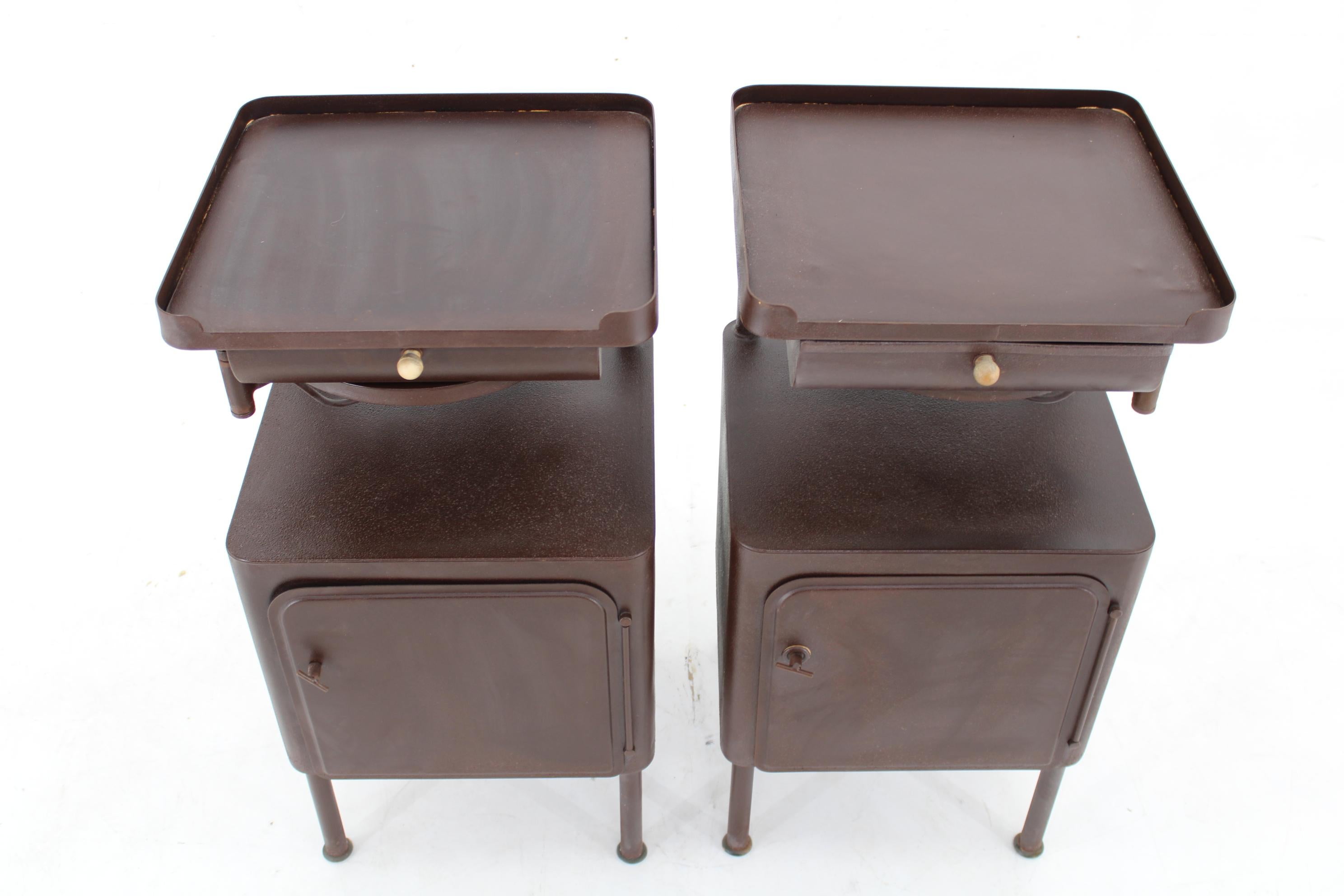 Lacquered 1940s Pair of Industrial Nightstands with Pull Out Table, Czechoslovakia For Sale