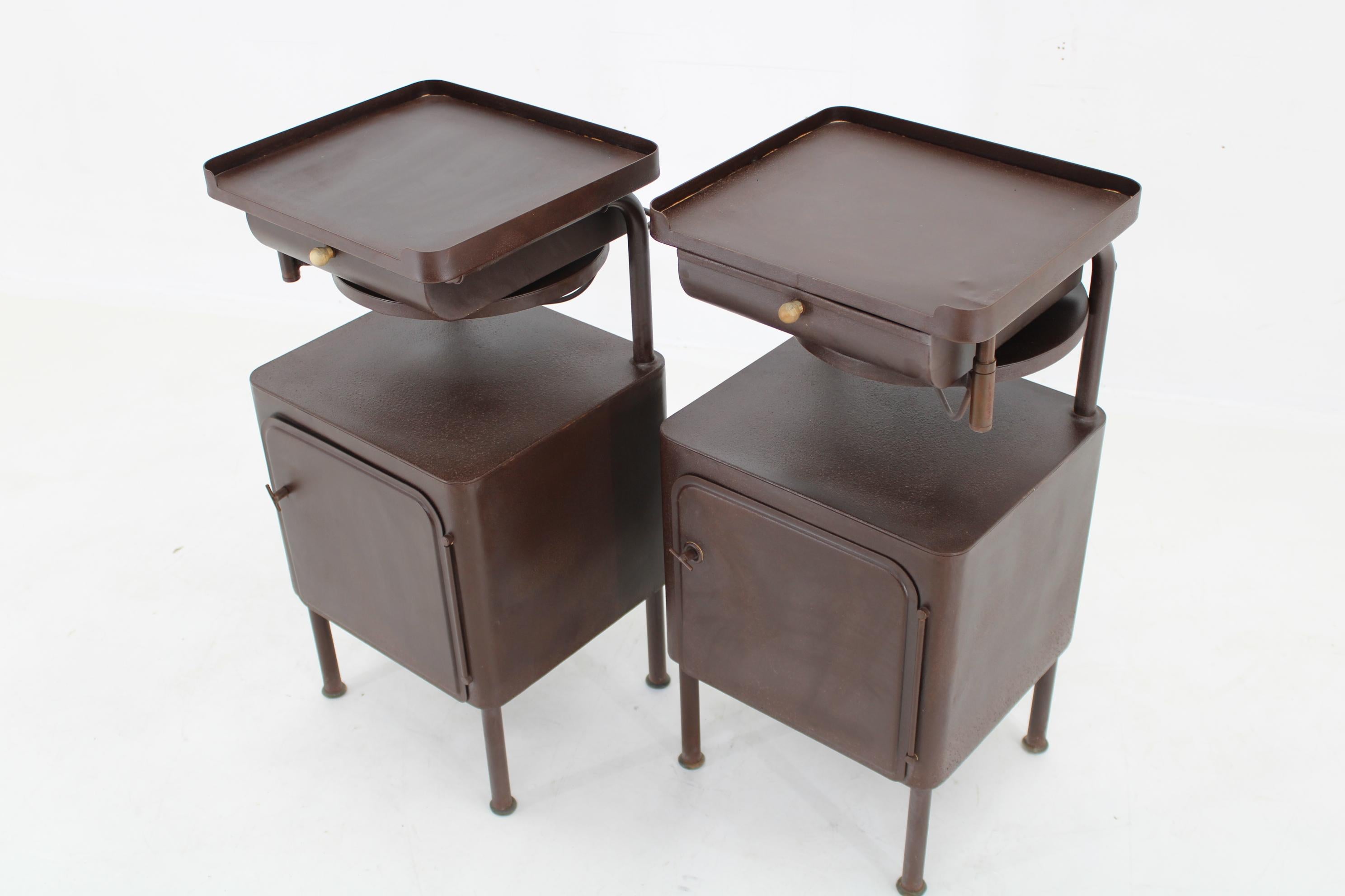 1940s Pair of Industrial Nightstands with Pull Out Table, Czechoslovakia In Good Condition For Sale In Praha, CZ