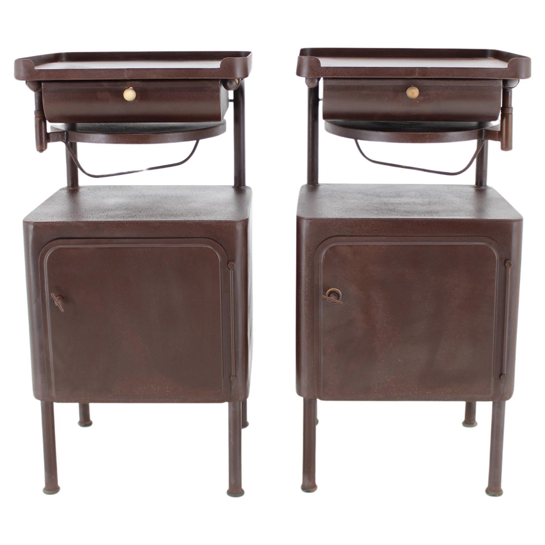 1940s Pair of Industrial Nightstands with Pull Out Table, Czechoslovakia