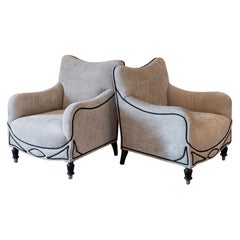 1940
s Pair of Italian Armchairs Beige Chenille Velvet, Wood and Brass Details