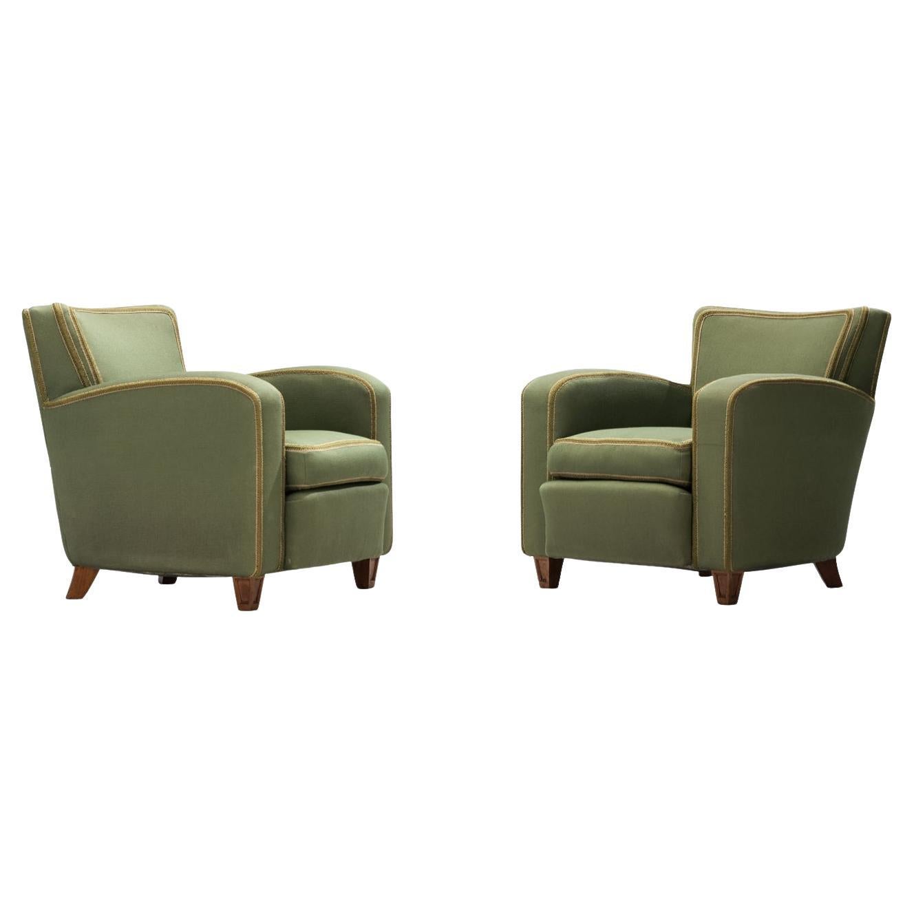 1940s Pair of Italian Lounge Chairs in Muted Green Upholstery and Walnut