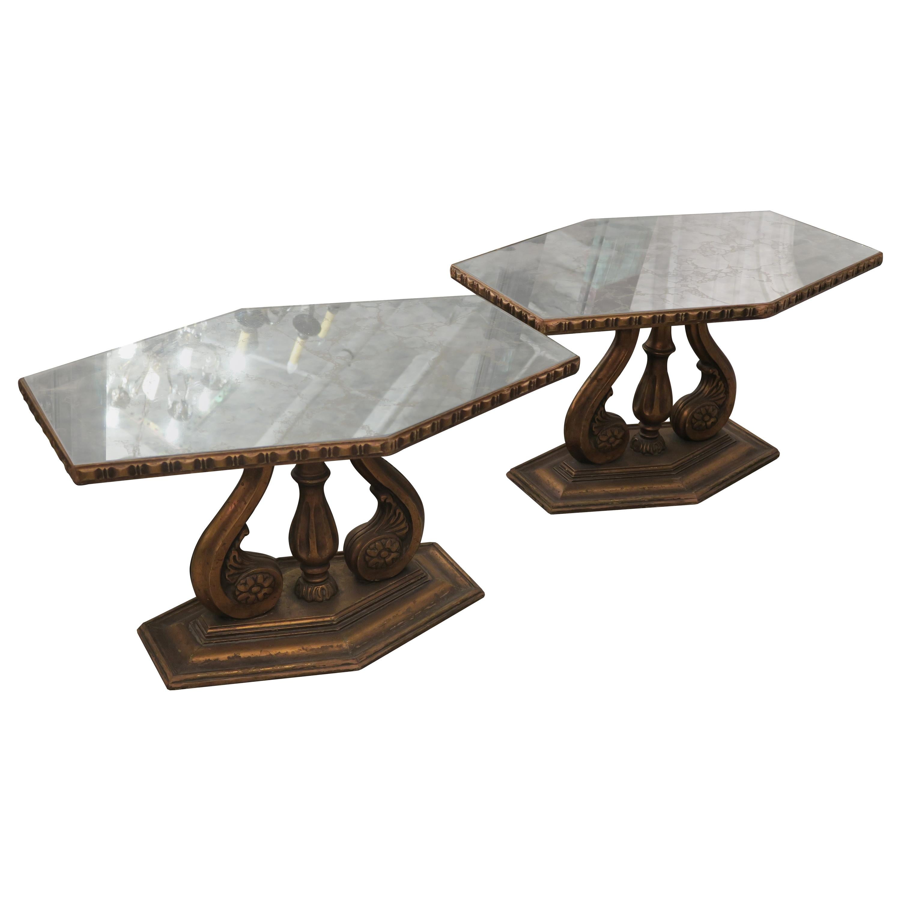 1940s Pair of Italian Mirror Topped Wood Side Tables