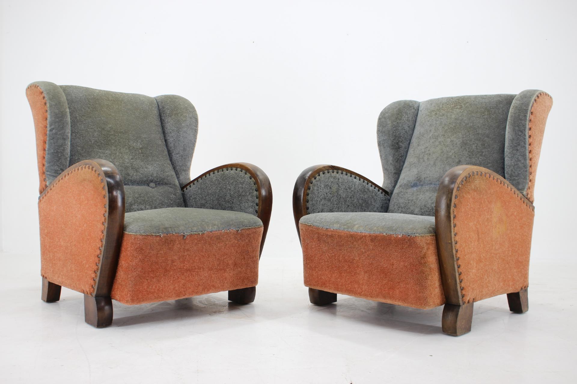 Art Deco 1940s Pair of Large Wing Chairs, Czechoslovakia