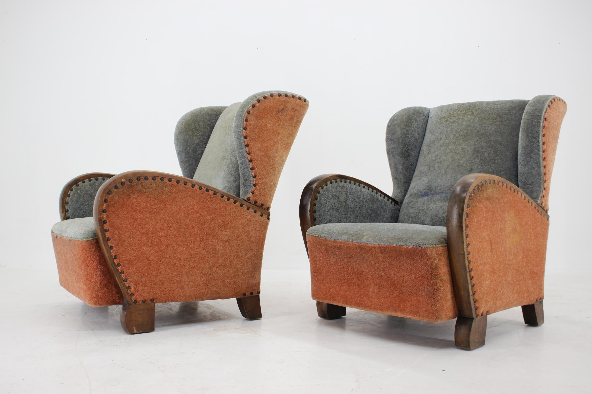 Mid-20th Century 1940s Pair of Large Wing Chairs, Czechoslovakia