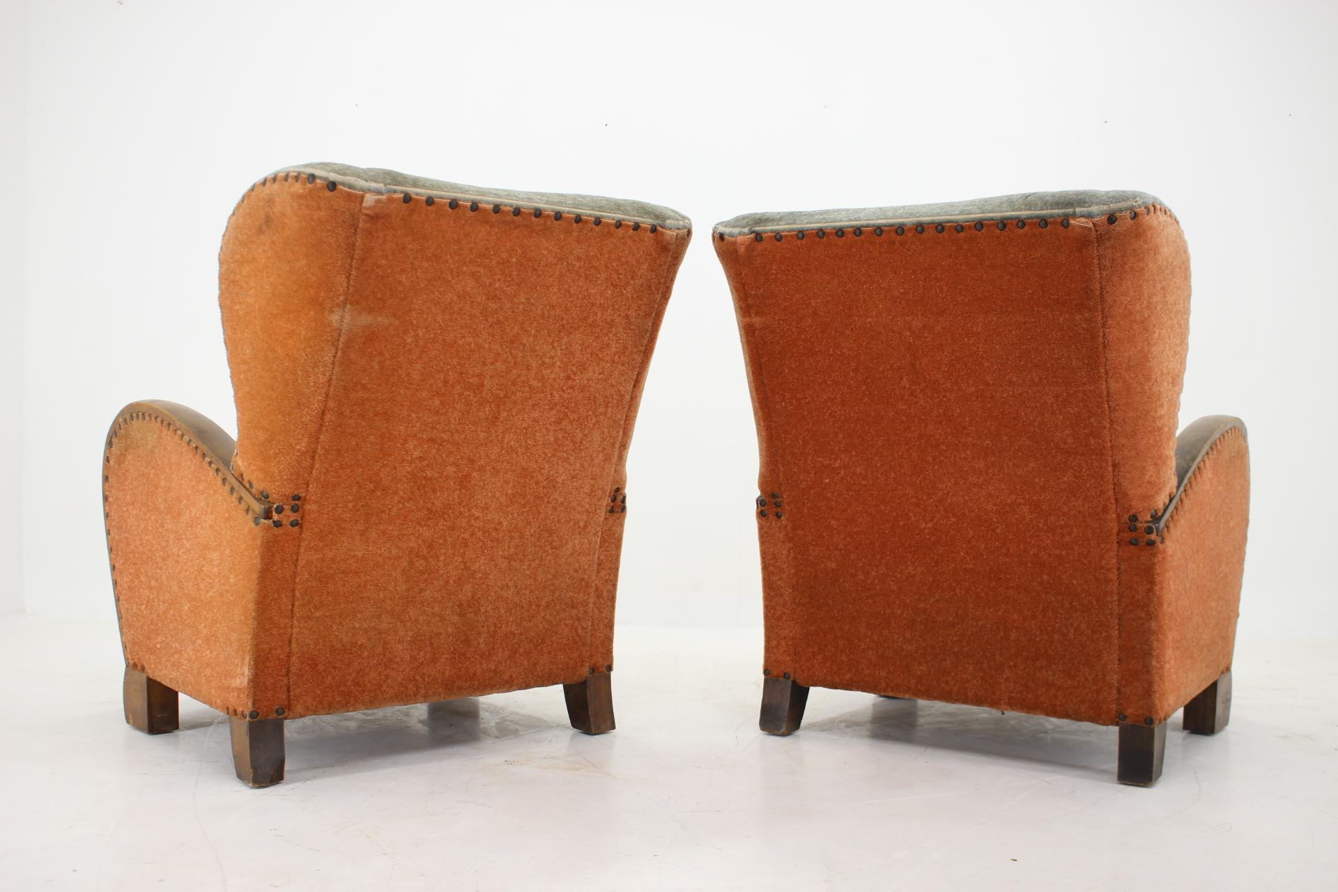 Upholstery 1940s Pair of Large Wing Chairs, Czechoslovakia