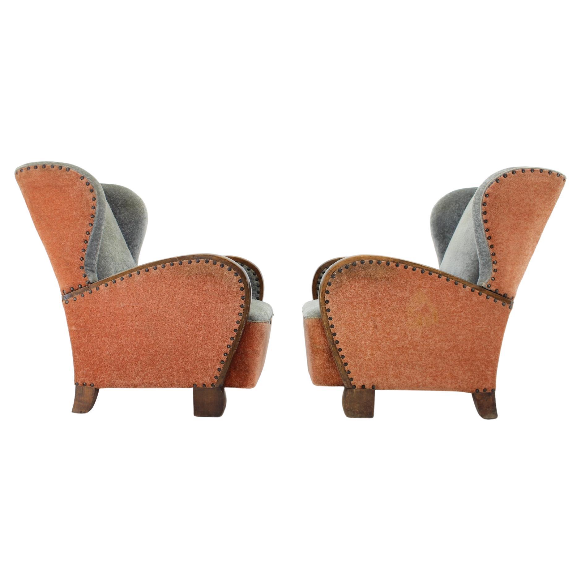 1940s Pair of Large Wing Chairs, Czechoslovakia