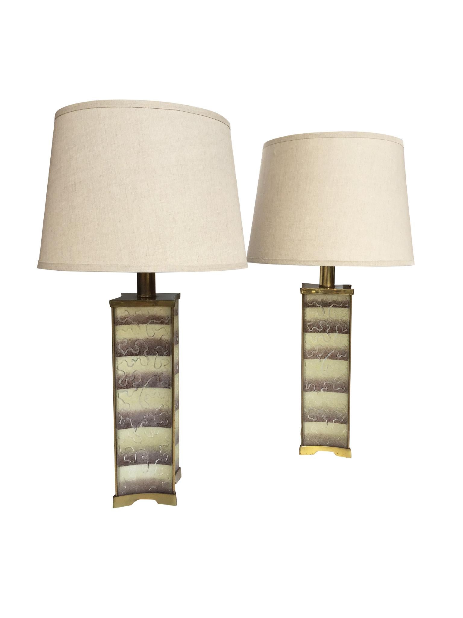 Hollywood Regency 1940s Pair of Lightolier Frosted Glass Table Lamps in the Style of James Mont