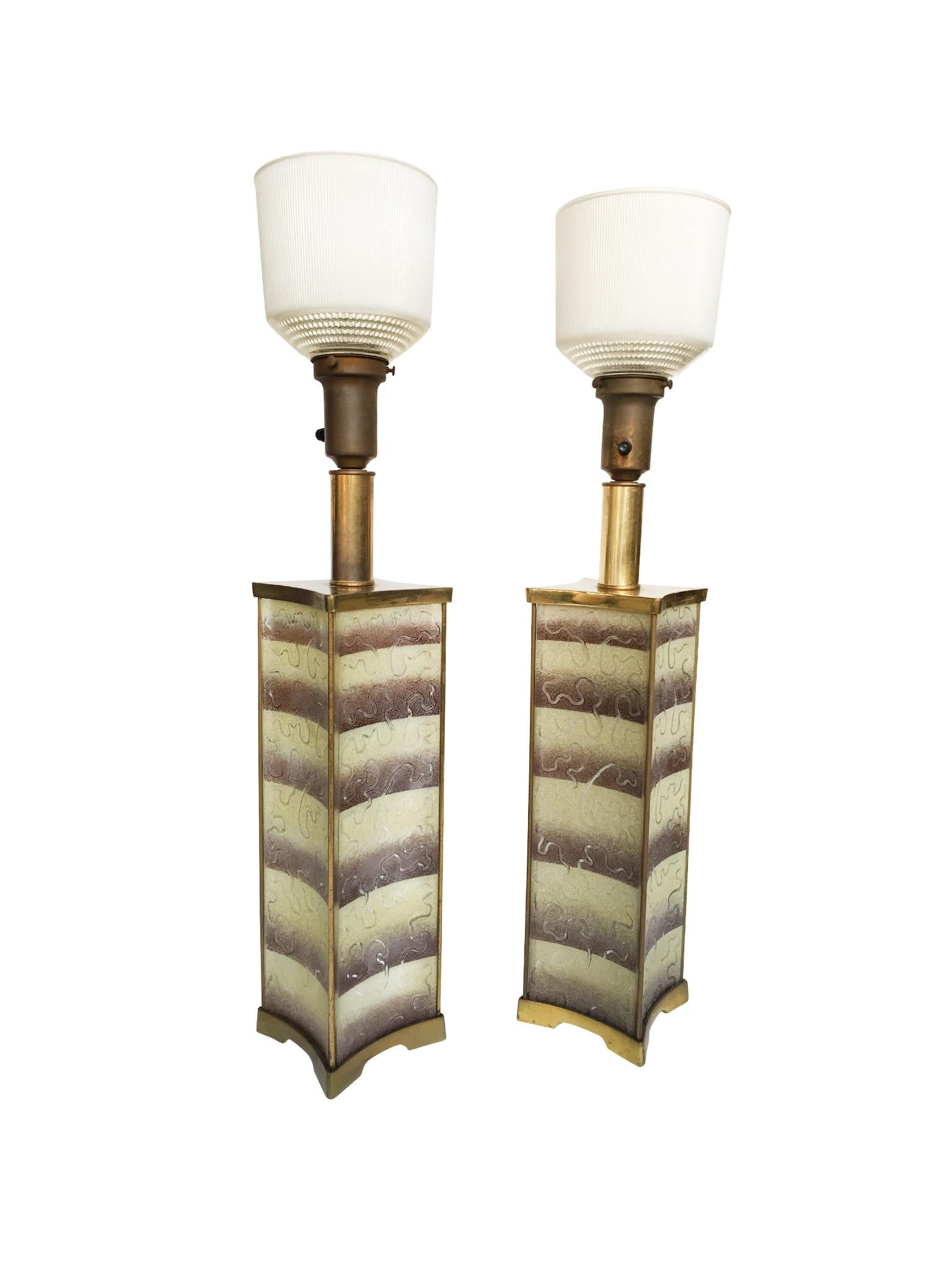 American 1940s Pair of Lightolier Frosted Glass Table Lamps in the Style of James Mont