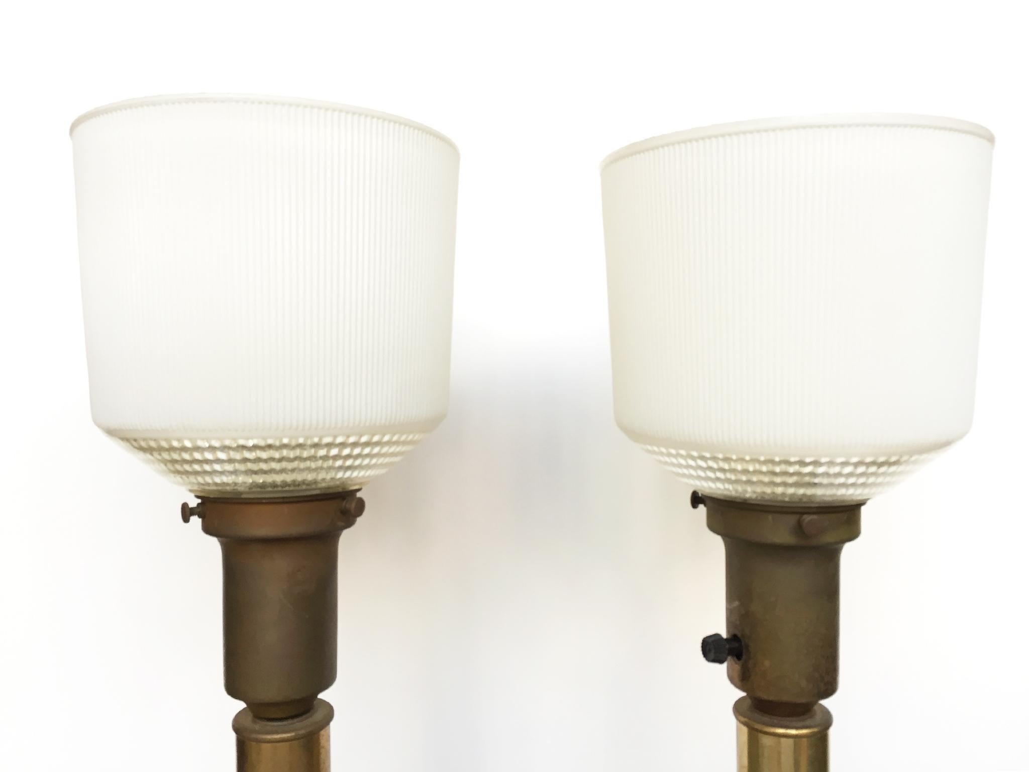 20th Century 1940s Pair of Lightolier Frosted Glass Table Lamps in the Style of James Mont