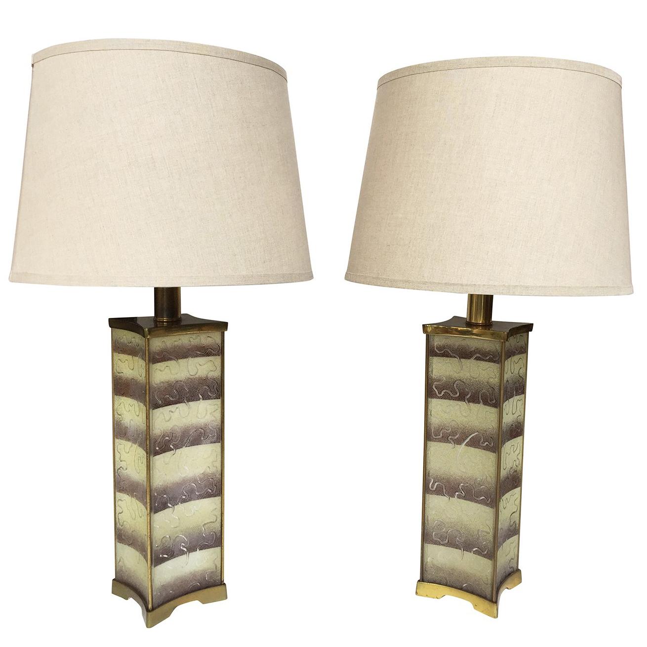1940s Pair of Lightolier Frosted Glass Table Lamps in the Style of James Mont