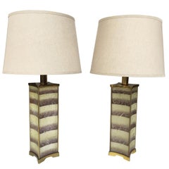 1940s Pair of Lightolier Frosted Glass Table Lamps in the Style of James Mont