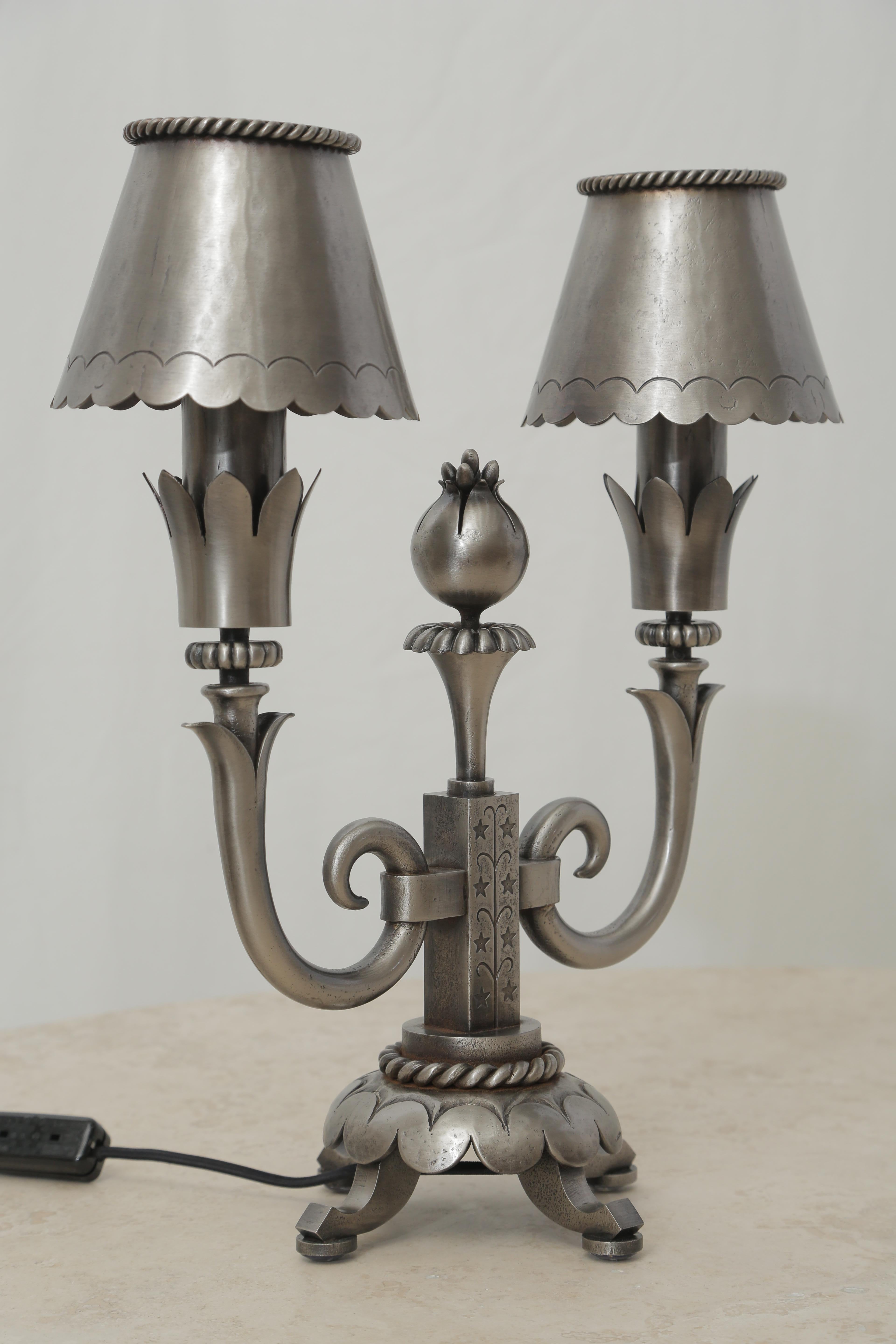 Pair of Midcentury Polished Wrought Iron Table Lamps Attributed to Poillerat 1